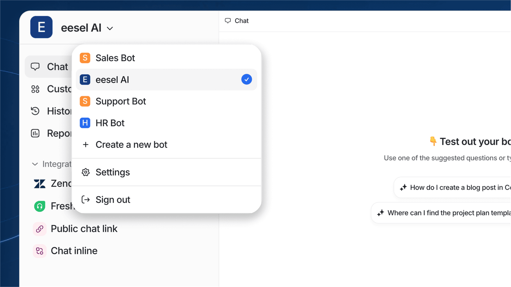 Screenshot of eesel AI's bot dropdown.
