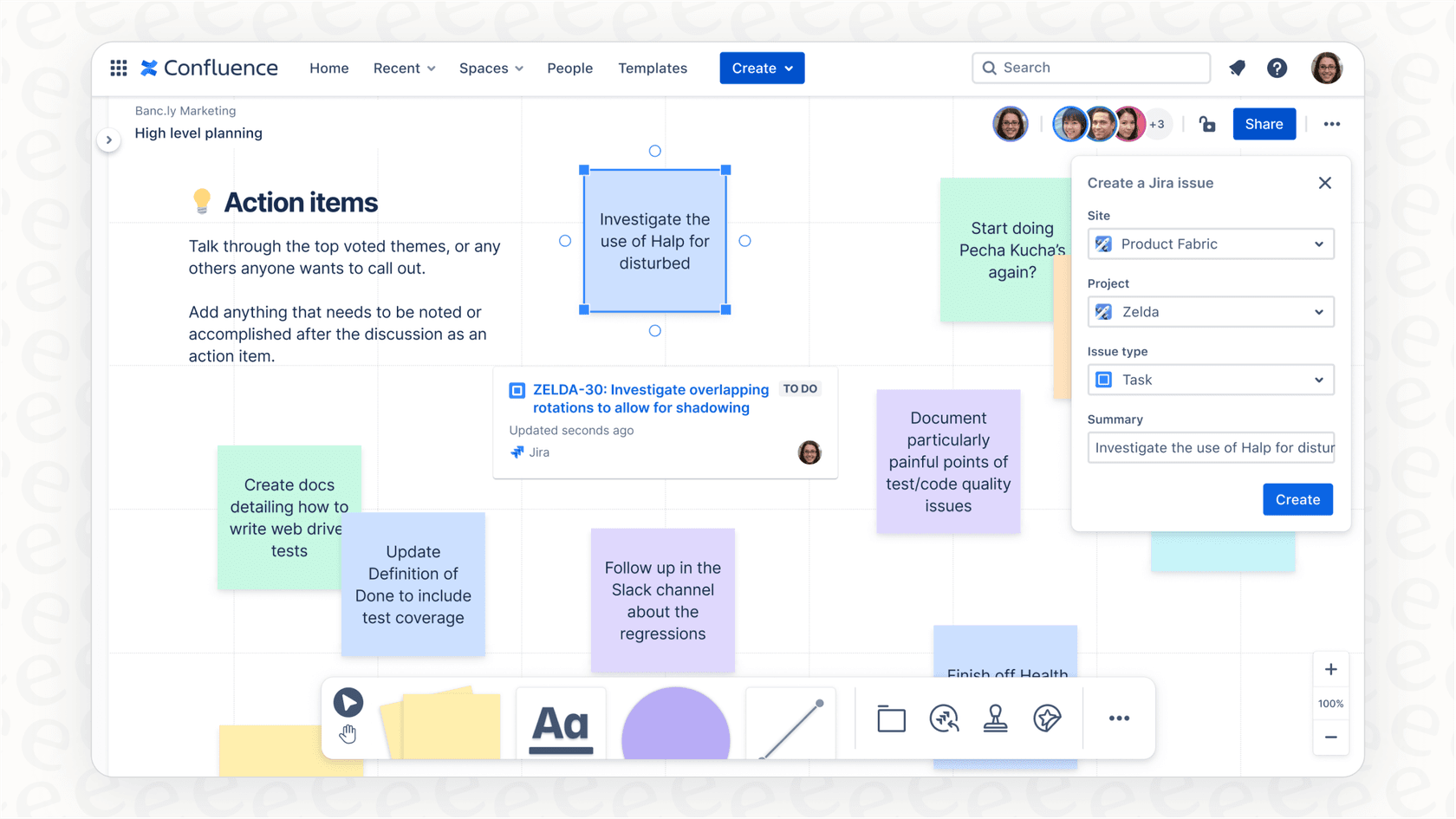 An image of the Confluence whiteboards feature, highlighting the real-time collaboration tools mentioned in this Confluence review.::