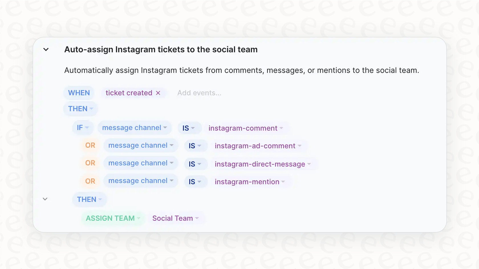 A screenshot showing how to set up rules in Gorgias to auto-assign tickets based on if-then commands for a round robin system.