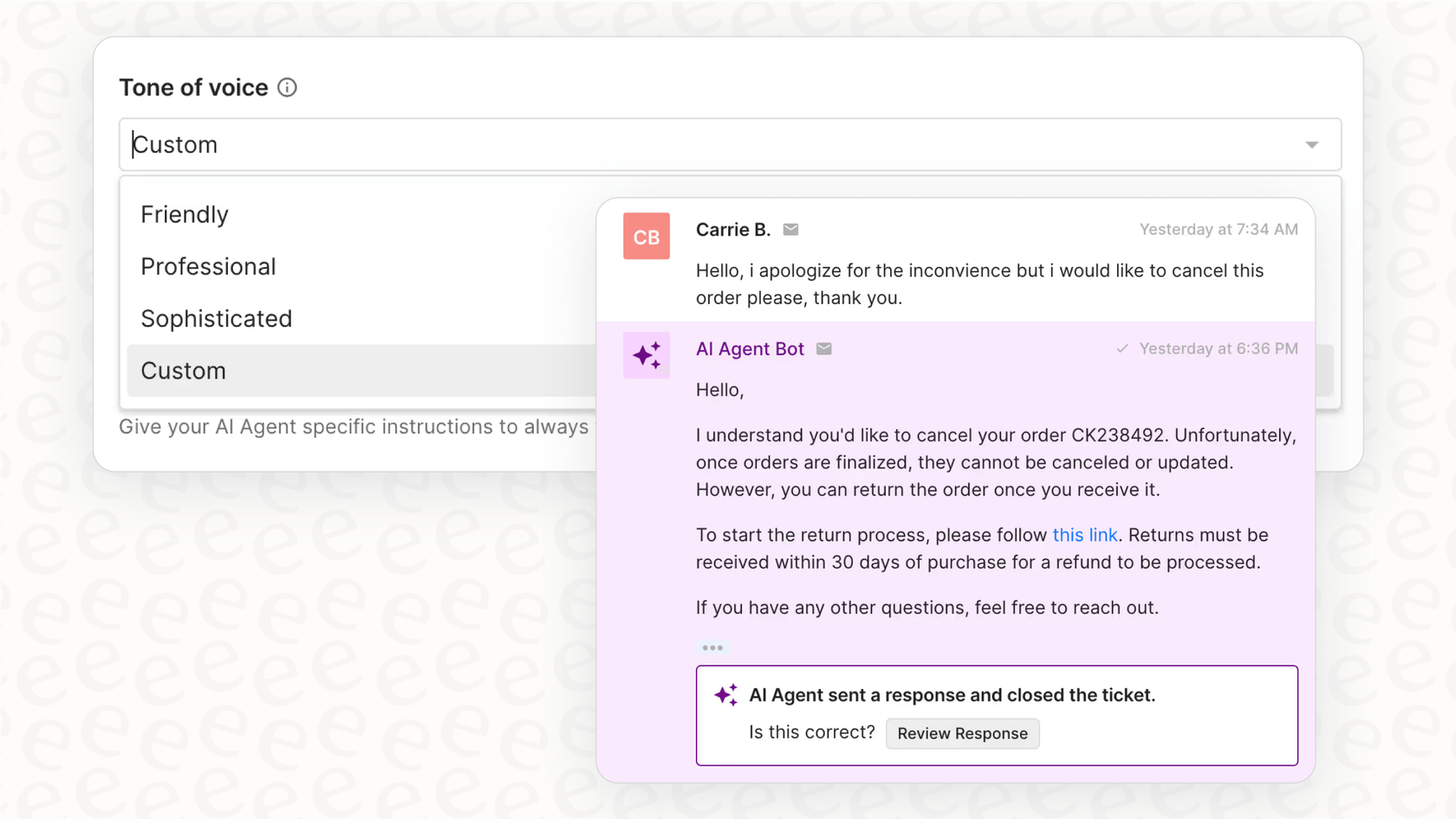 A screenshot of the Gorgias Help Center customization settings, showing options to change brand voice and colors.::