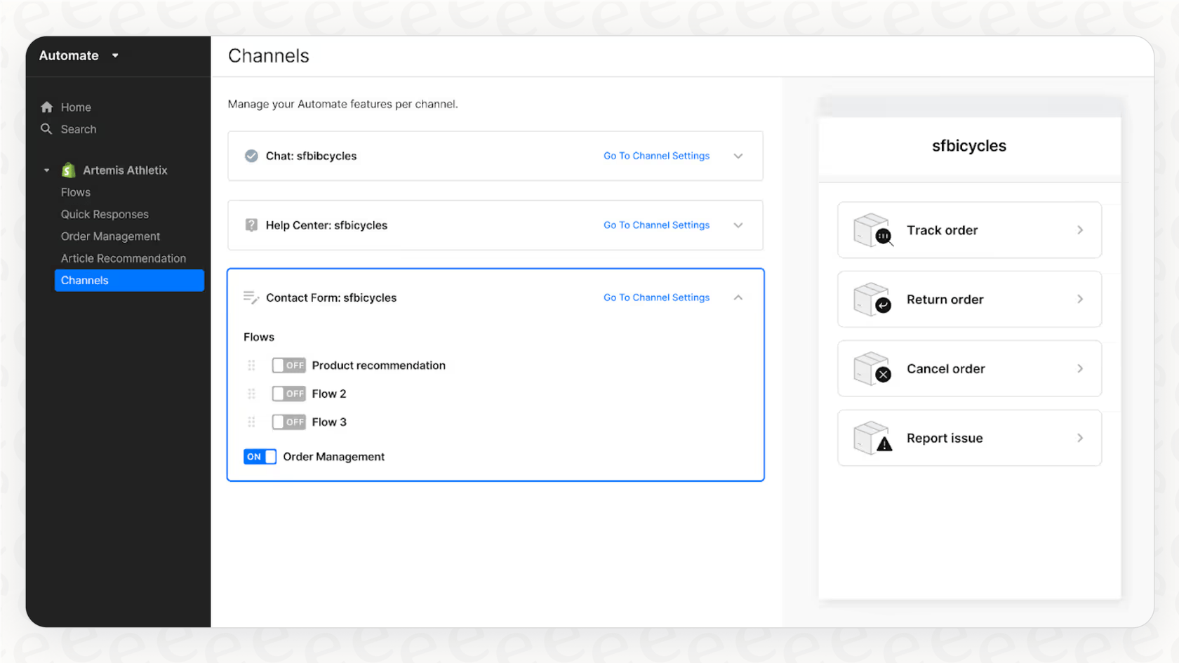 Una captura de pantalla de la página de configuración de Gorgias donde los usuarios pueden gestionar sus canales, incluyendo la configuración de una integración de SMS en Gorgias.::