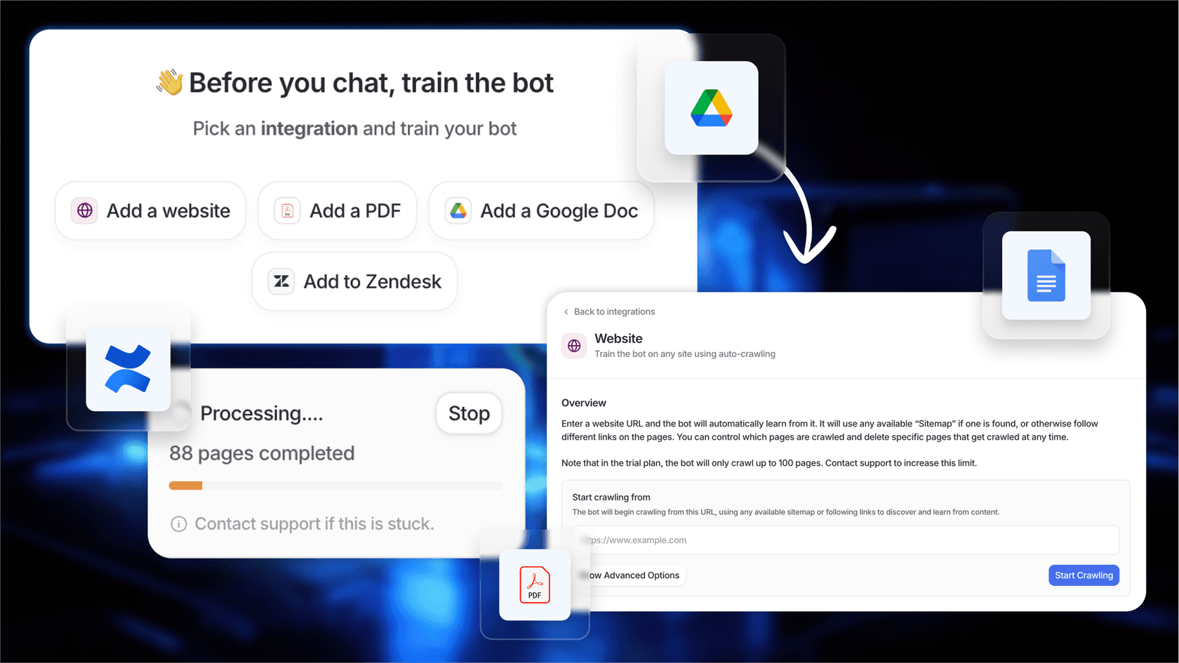 Screenshot on how BitGo uses eesel AI's one-click training to setup their different chatbots.