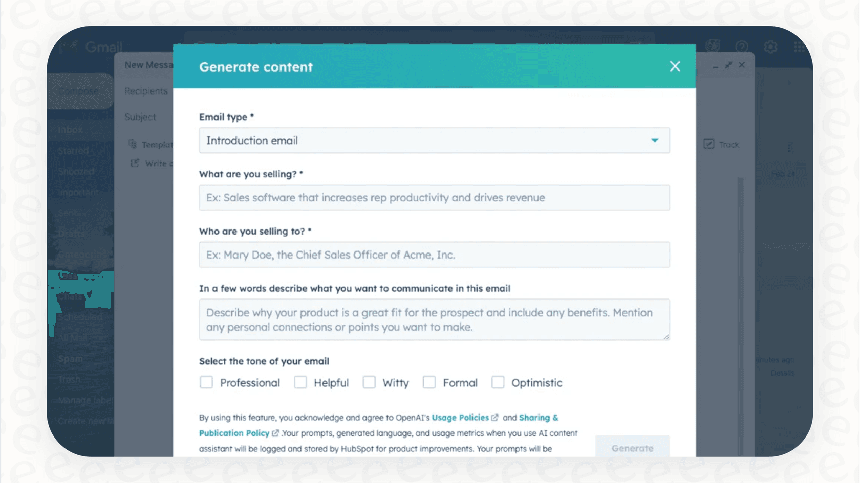 Una captura de pantalla que muestra al asistente de IA Breeze de HubSpot ayudando a generar contenido de correo electrónico, relevante para lograr un flujo de trabajo más fluido con Breeze en las respuestas de correo electrónico.