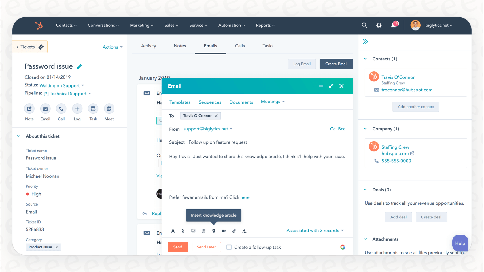 A look at the HubSpot customer service ticketing interface, showing how agents can manage and follow up on support emails.