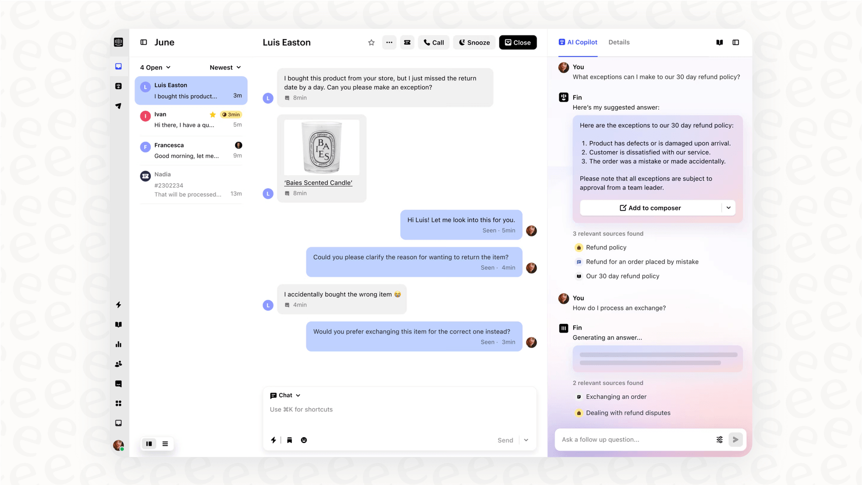 An agent using an AI Copilot inside Intercom to speed up replies in the email to conversation workflow.