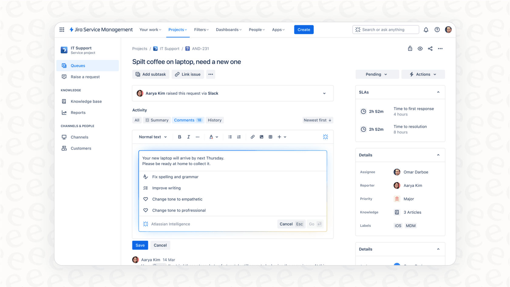 Um agente no Jira Service Management recebendo respostas sugeridas por IA