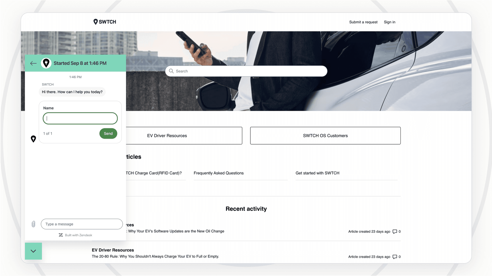 Screenshot of SWTCH Energy's Zendesk chatbot, connected with eesel AI.