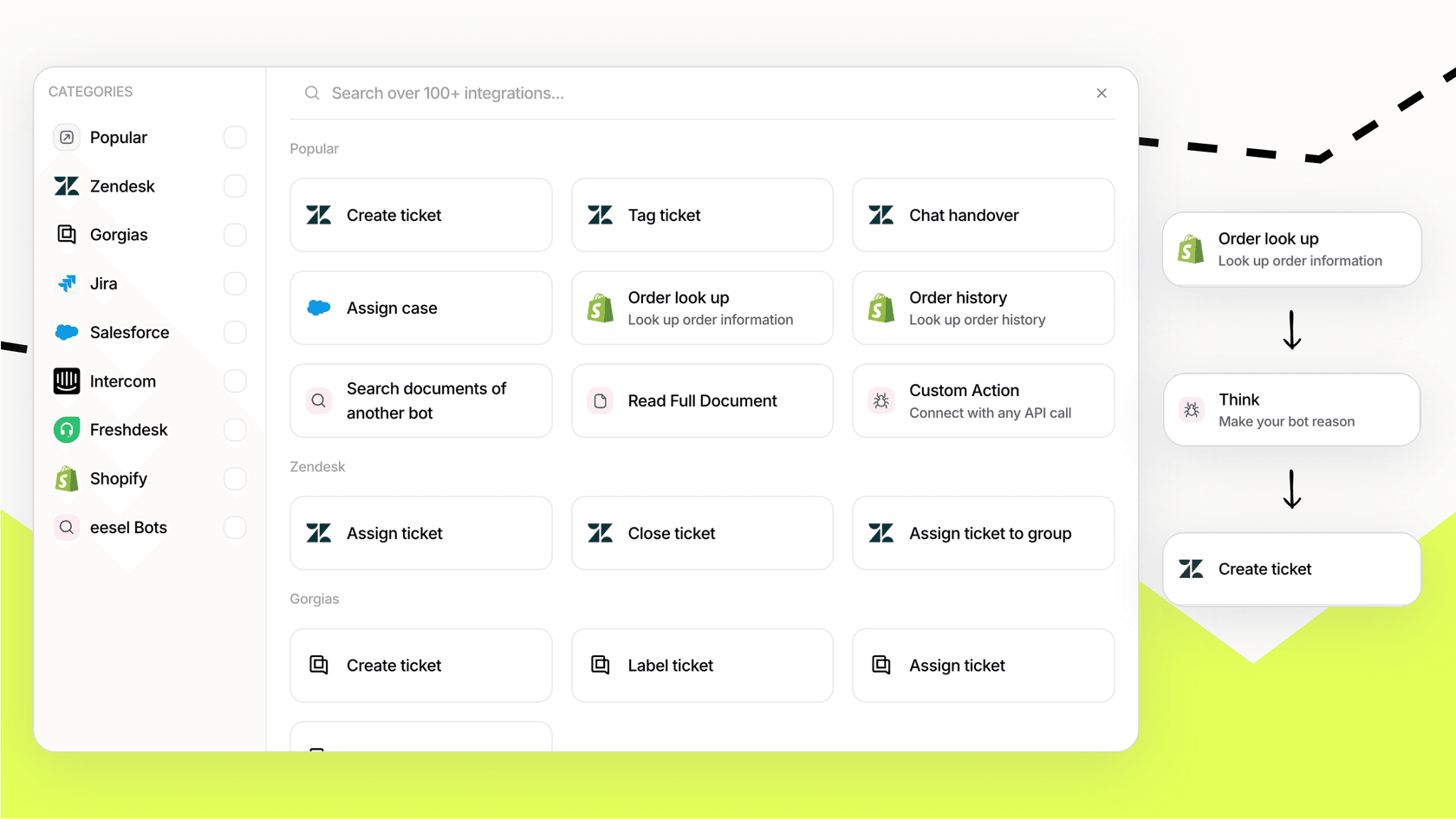 eesel AI AgentがShopify管理画面内で直接アクションを実行しているイラスト。eコマースサポートにおけるプラットフォームの自動化機能を紹介しています。