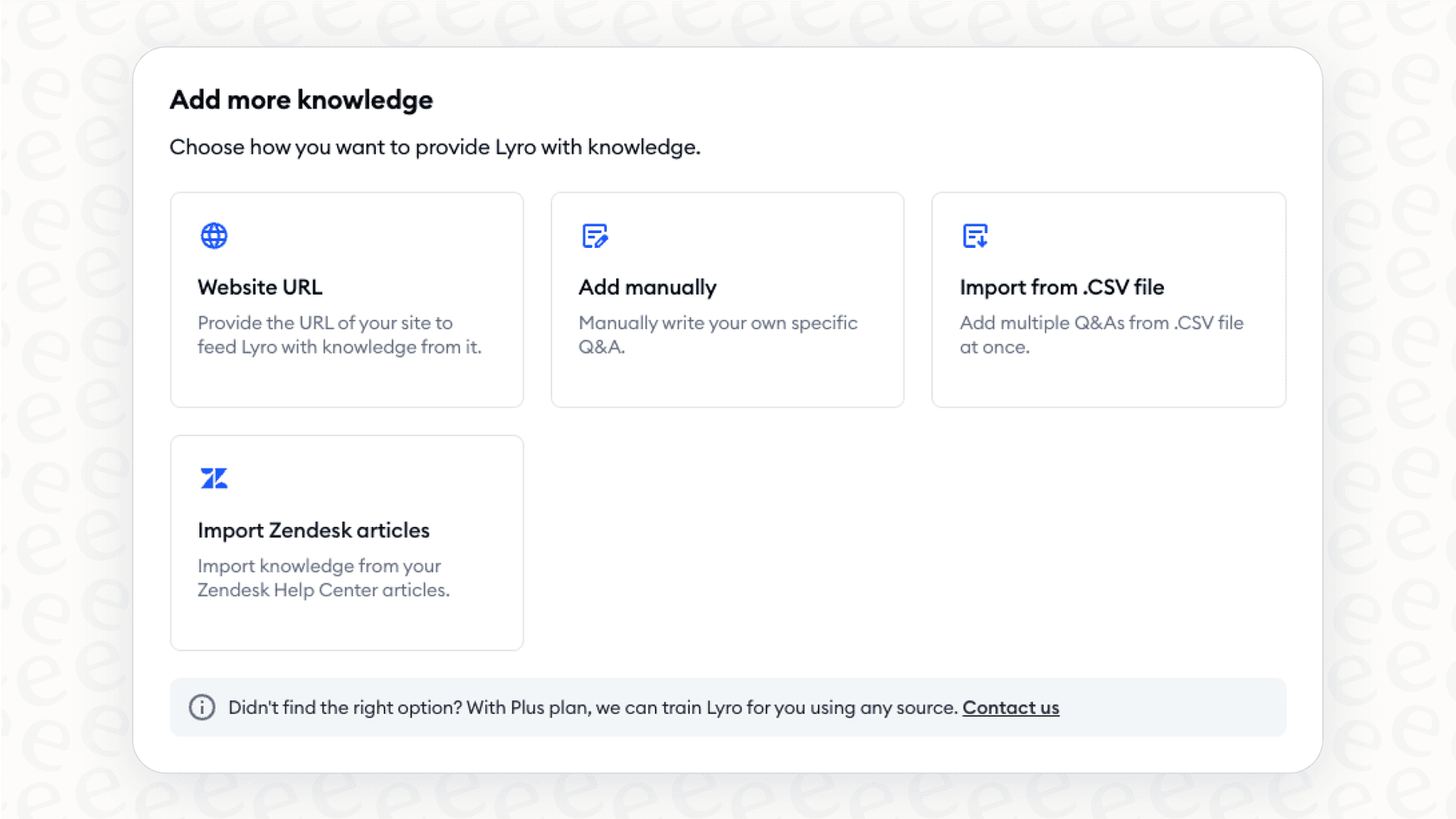 A look at the Tidio knowledge base builder in the Tidio panel, where you can add information for the Lyro AI agent.