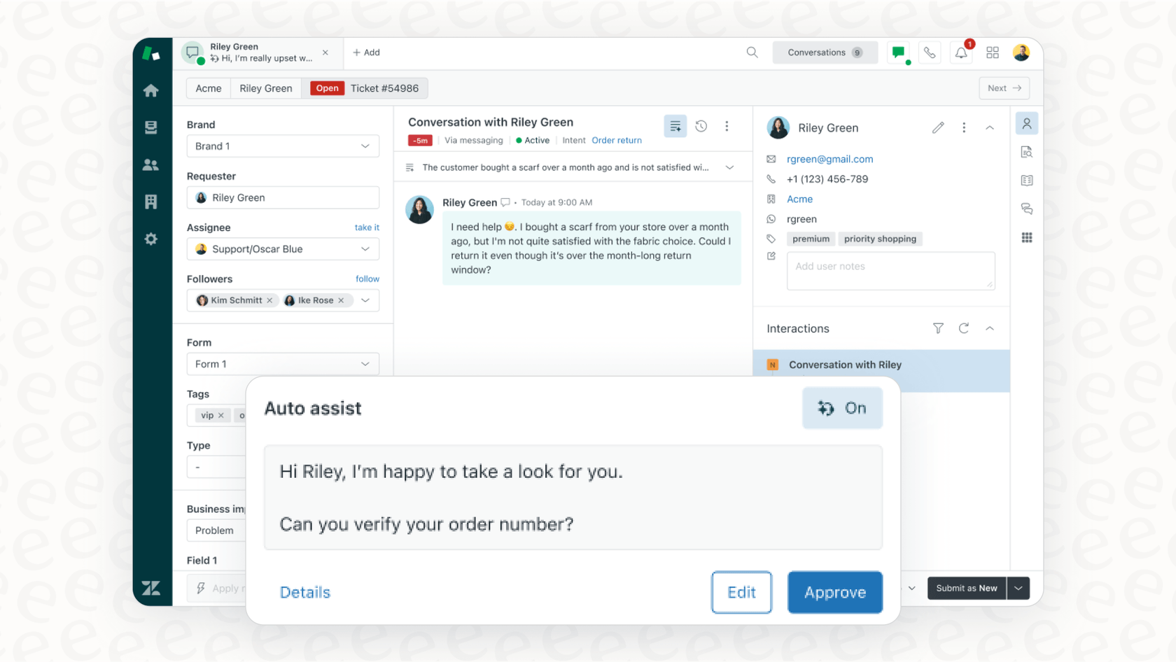 Zendesk’s native AI offering a canned response as a suggested reply.::