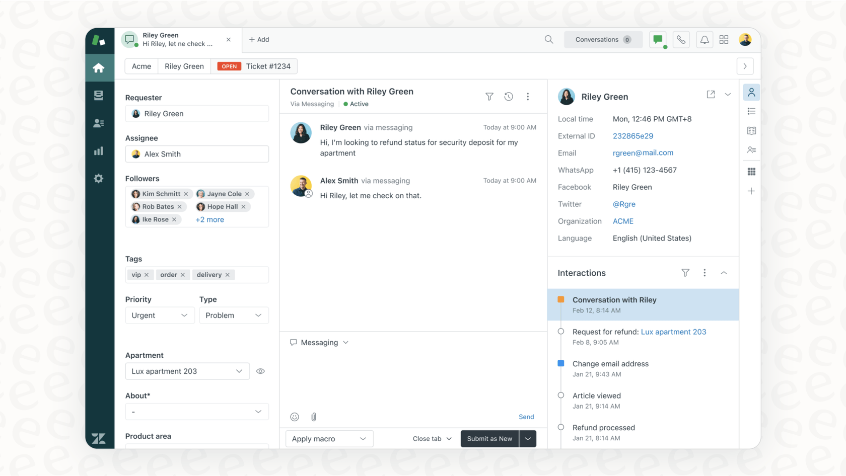 Une image de l'interface de ticket Zendesk, montrant comment les agents peuvent visualiser les interactions passées pour attribuer manuellement les tickets dans le cadre de leur processus de routage de tickets Zendesk.