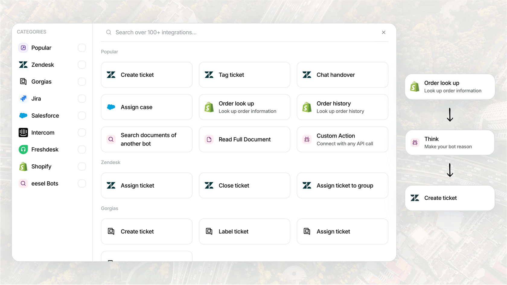 Uma ilustração de Agentes eesel AI realizando tarefas, um recurso fundamental em comparação ao lançamento da voz do ChatGPT, que é apenas conversacional.