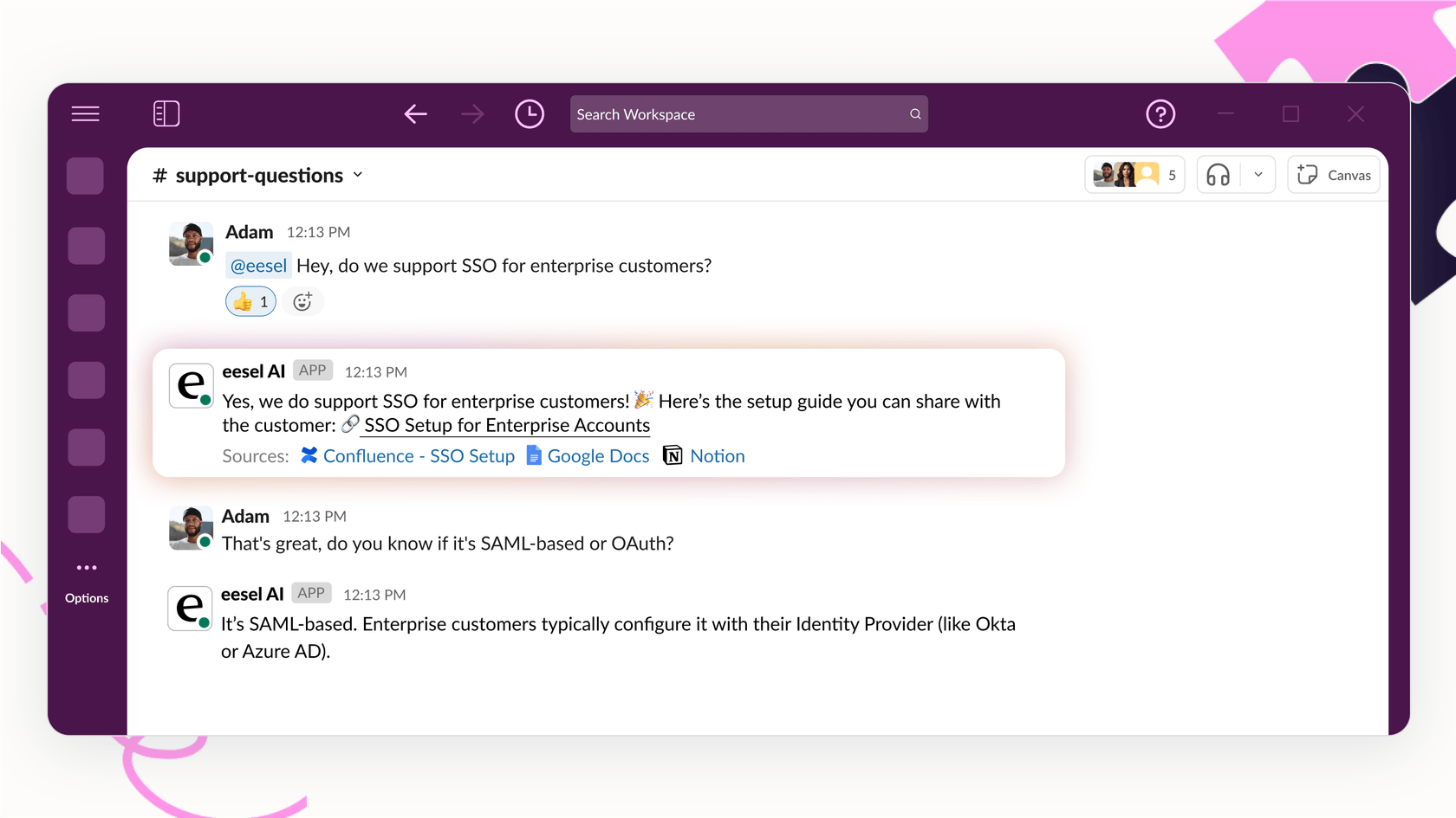 Screenshot of eesel AI Slack integration feature, just like the solution Attekmi uses.