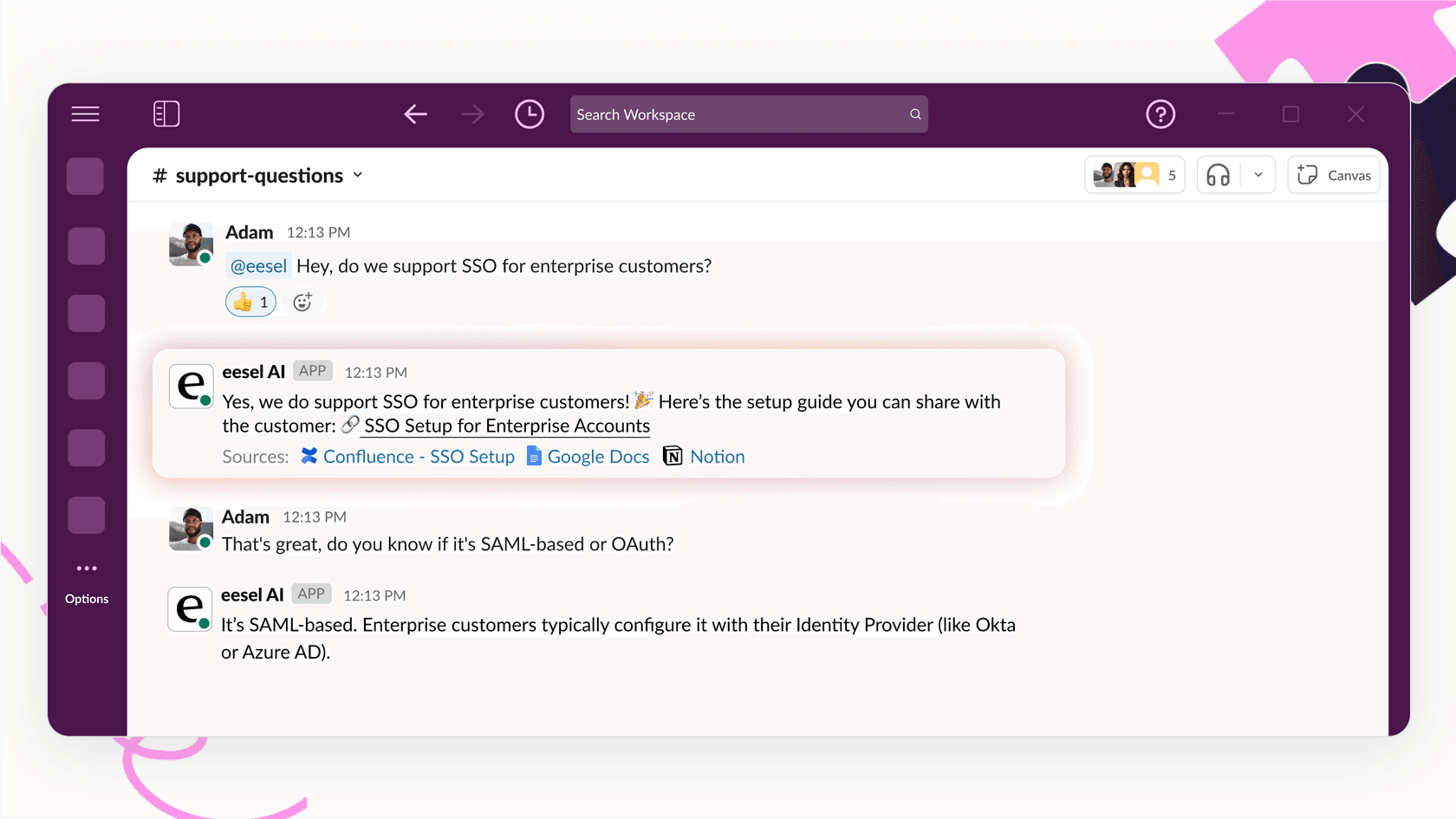 Screenshot of eesel AI Slack integration feature, just like the solution Attekmi uses.