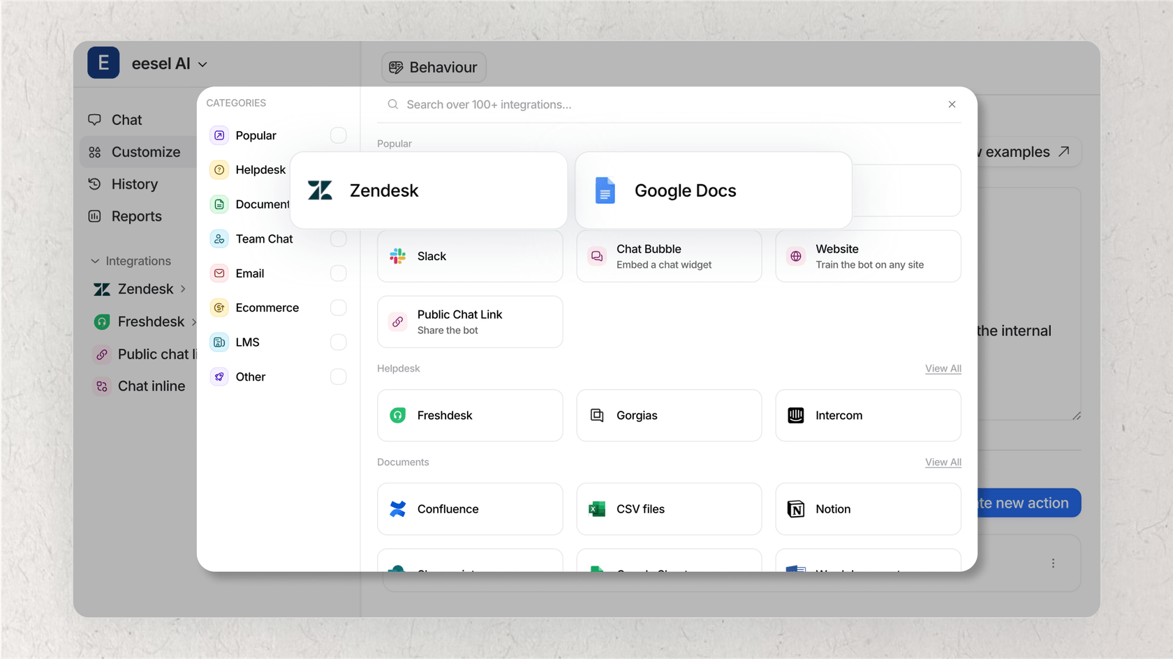 An illustration showing how eesel AI connects to internal knowledge bases like Zendesk and Confluence, an alternative approach discussed in this Frase AI review.