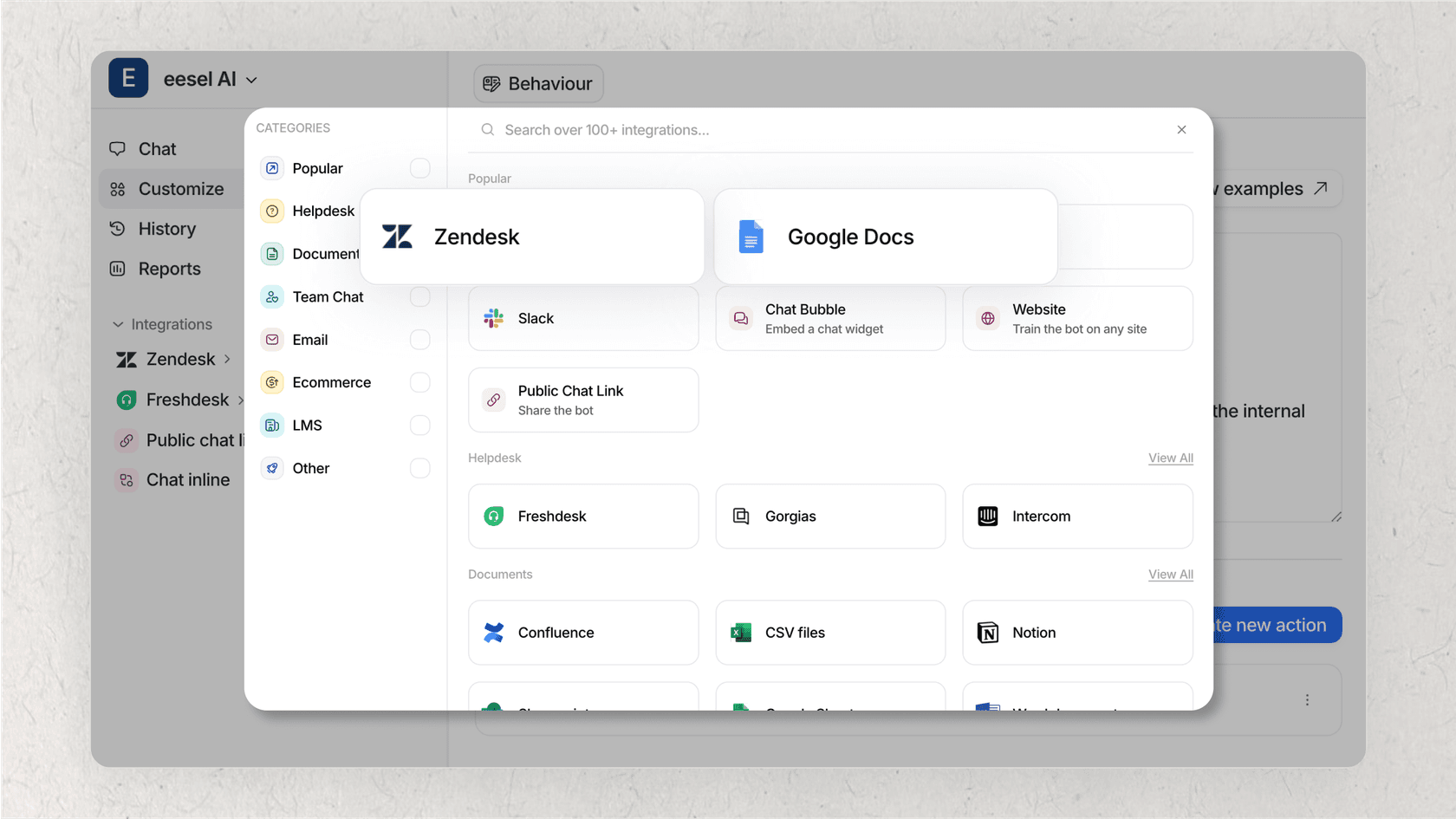 Screenshot of eesel AI's integration with knowledge sources.