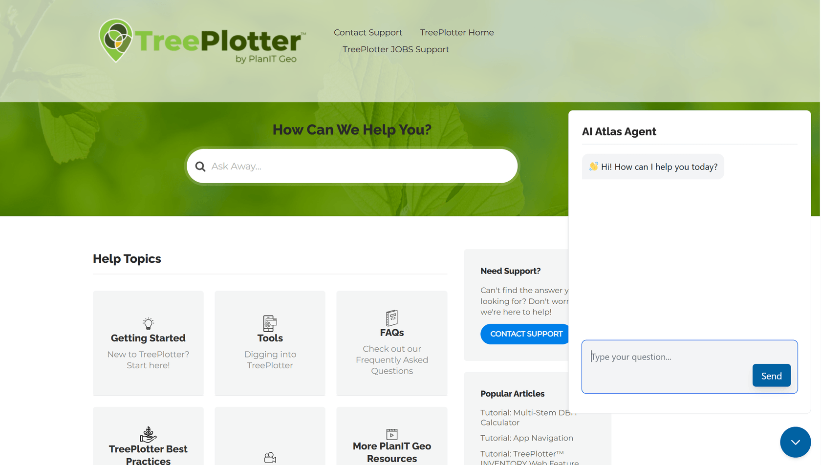 Ein KI-Agenten-Chatbot auf der TreePlotter-Website.