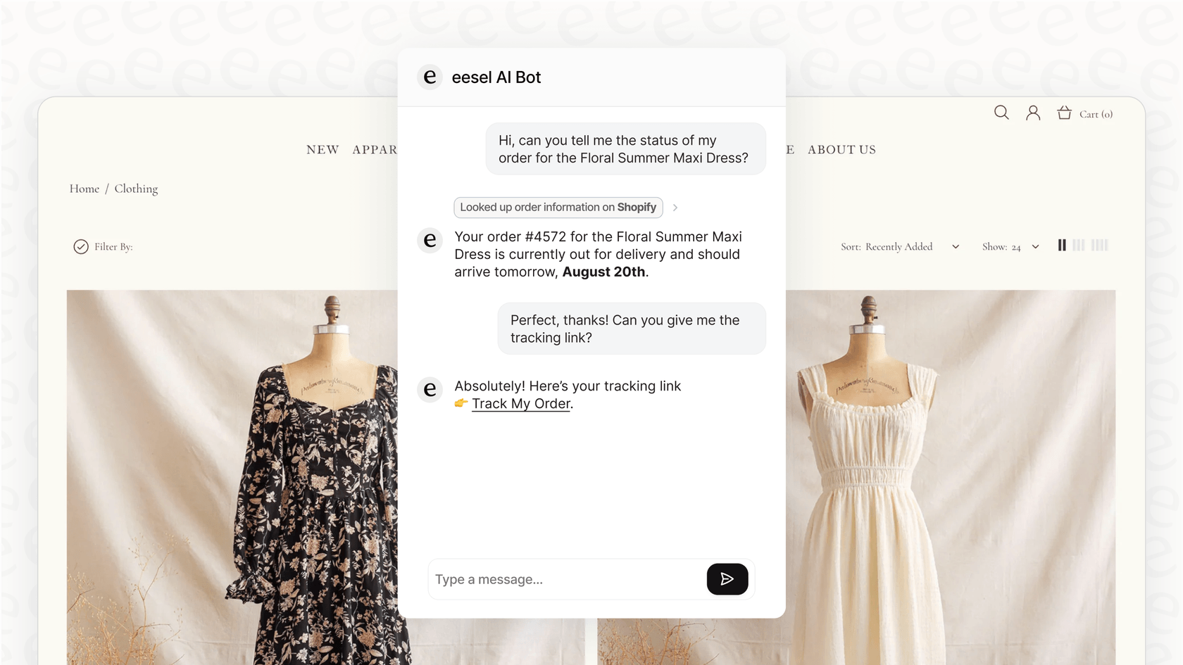 An eesel AI chatbot demonstrating a unified Shopify AI integration by pulling order status information.