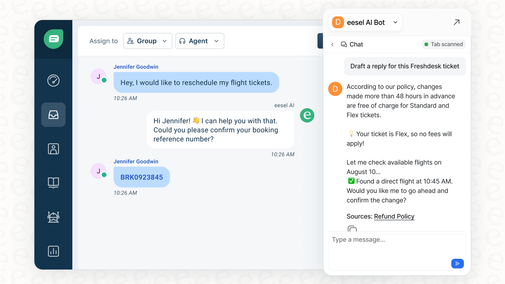 El Copilot de eesel AI redactando una respuesta dentro de la interfaz de Freshdesk, mostrando cómo la IA ayuda con la colaboración y el traspaso de tickets para mejorar la prevención de colisiones de Freshdesk.