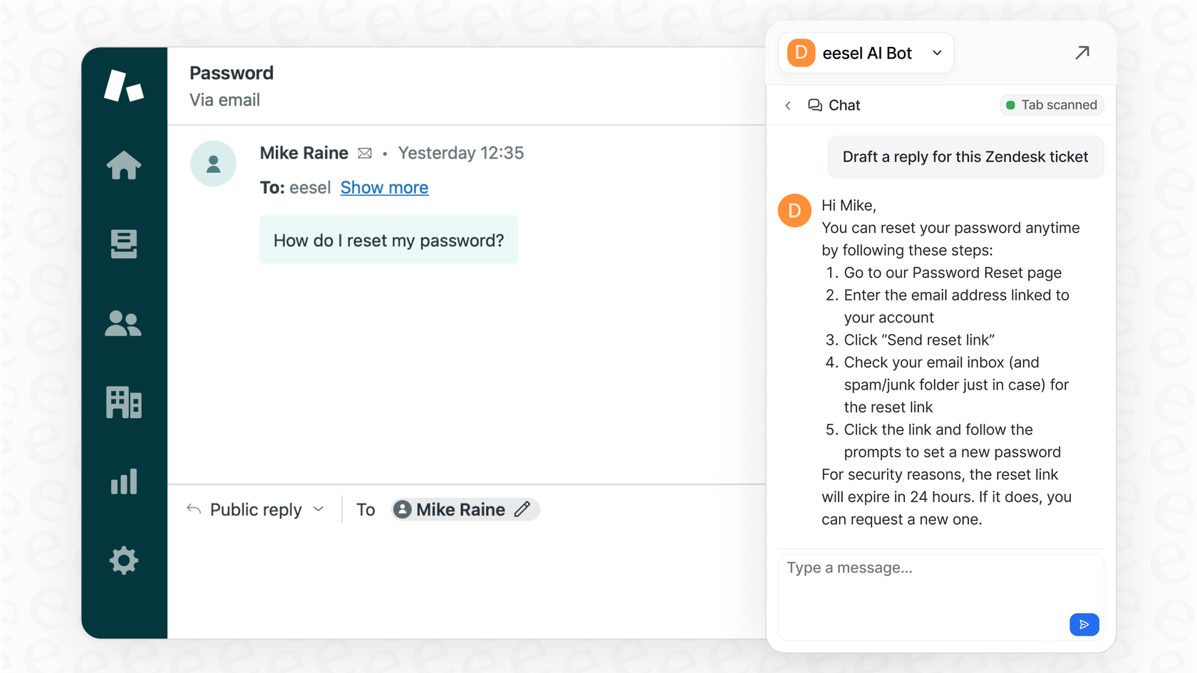 Le Copilot d'eesel AI rédigeant une réponse personnalisée dans Zendesk, illustrant une automatisation qui va au-delà de l'intégration de base Zendesk Salesforce.