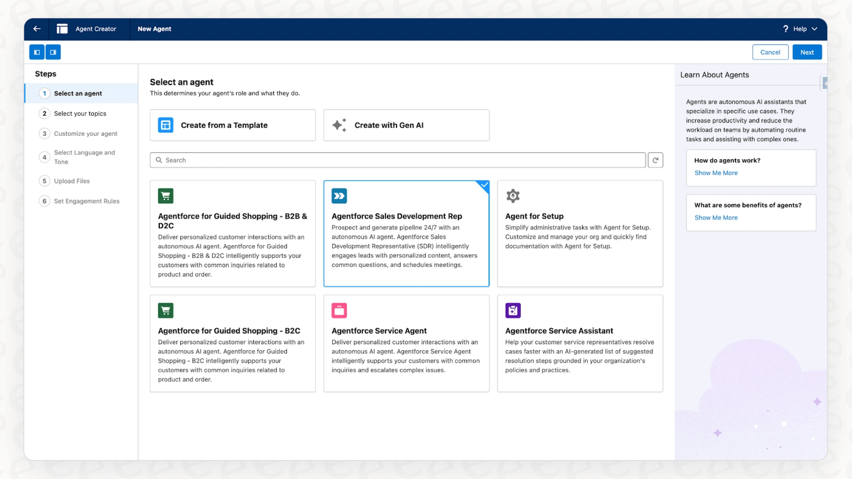 A screenshot showing the selection of a Sales Development Rep Agent within Agentforce, demonstrating how Salesforce integrations with GPT-5-Pro can streamline sales tasks.