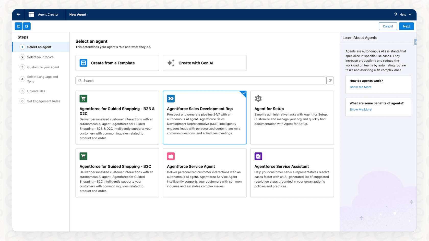 Screenshot of Selecting Sales Development Rep Agent in Agentforce