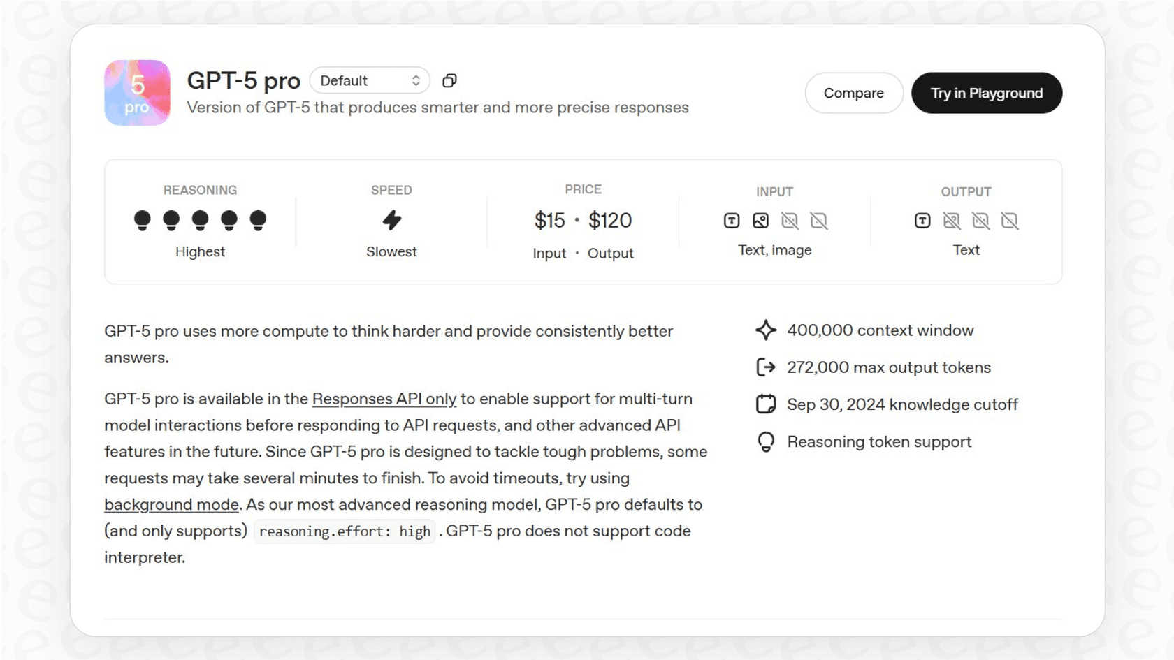 A screenshot of the OpenAI Platform interface showing the GPT-5 Pro model page, including its pricing, reasoning and speed ratings, input/output capabilities, and feature summary such as 400,000 context window and reasoning token support.