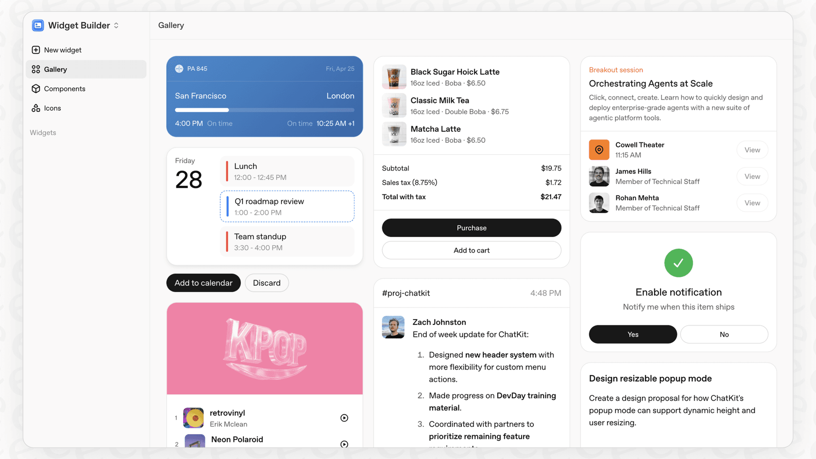 A developer using the visual interface of the OpenAI Widget Builder to create interactive ChatKit Widgets for a custom AI chat UI.
