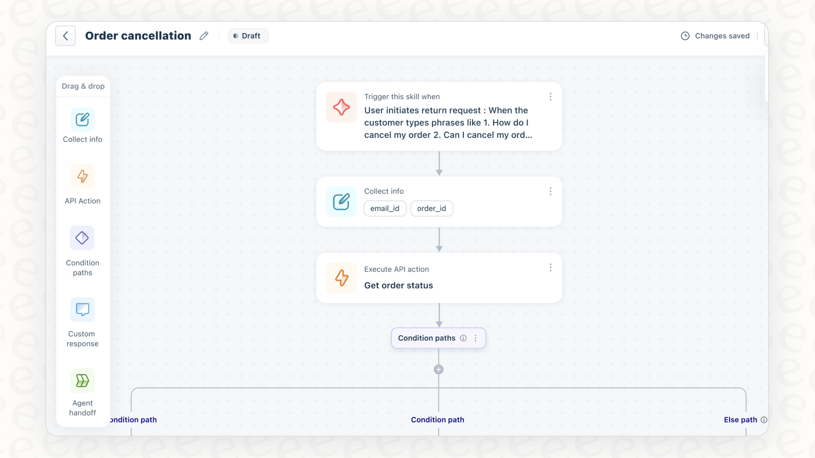 A view of the AI Agent Studio, where users can configure Freddy AI agents for tasks like order management and lead generation.