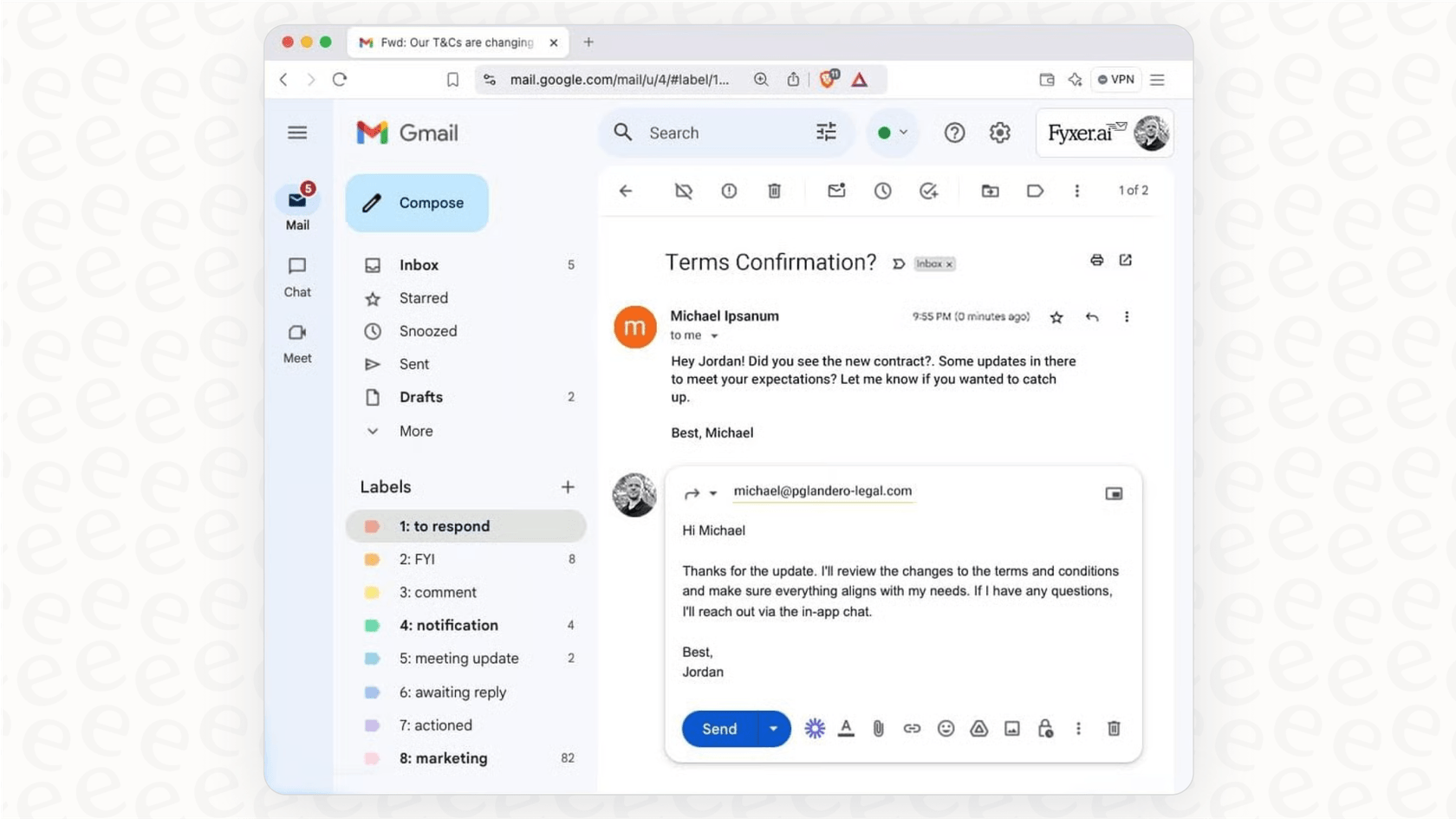 A screenshot of the Fyxer AI dashboard showing how it organizes an inbox and drafts email replies, a key factor in Fyxer AI pricing.