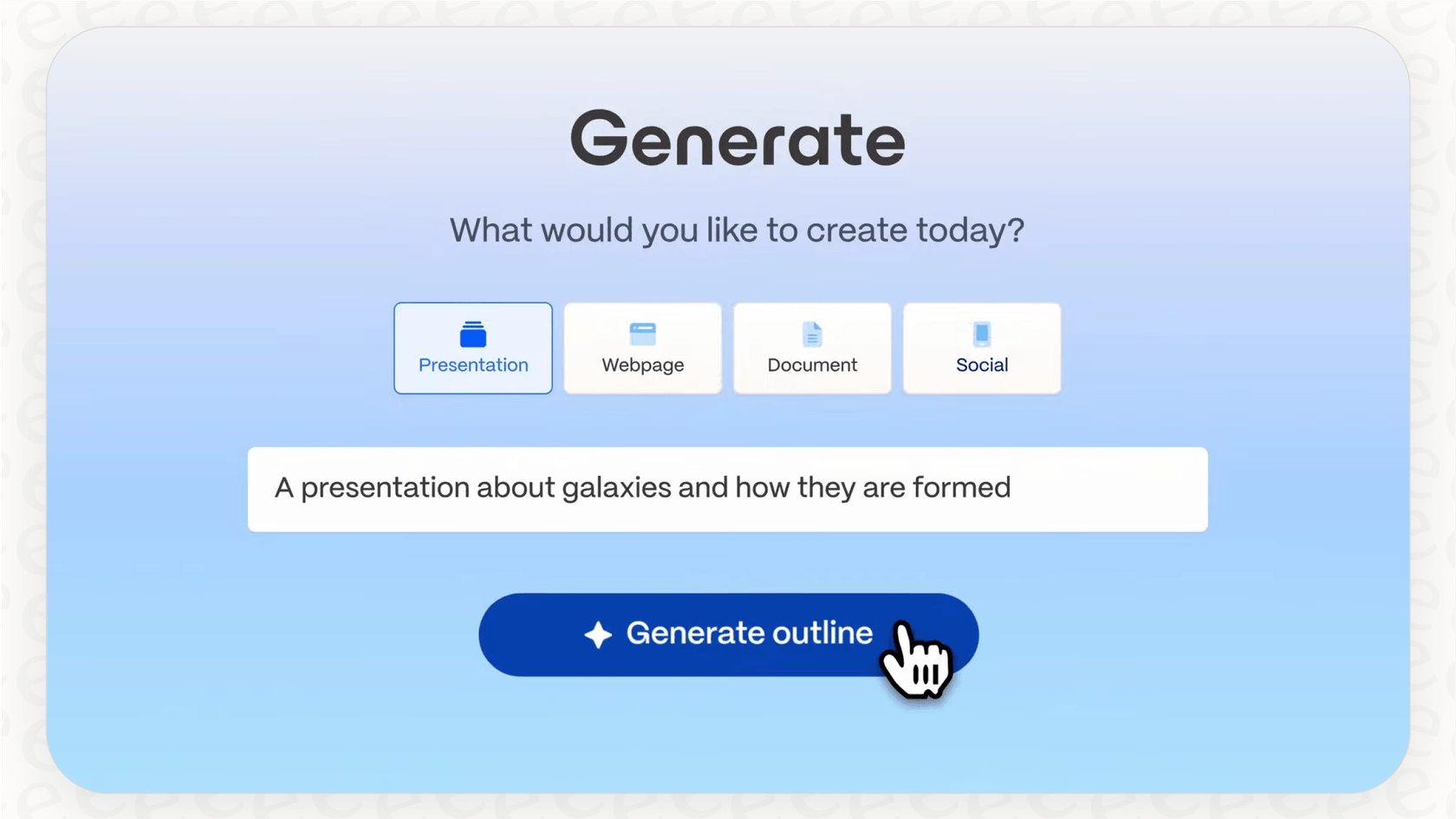A user generating a new presentation in Gamma by providing a detailed text prompt to the AI.
