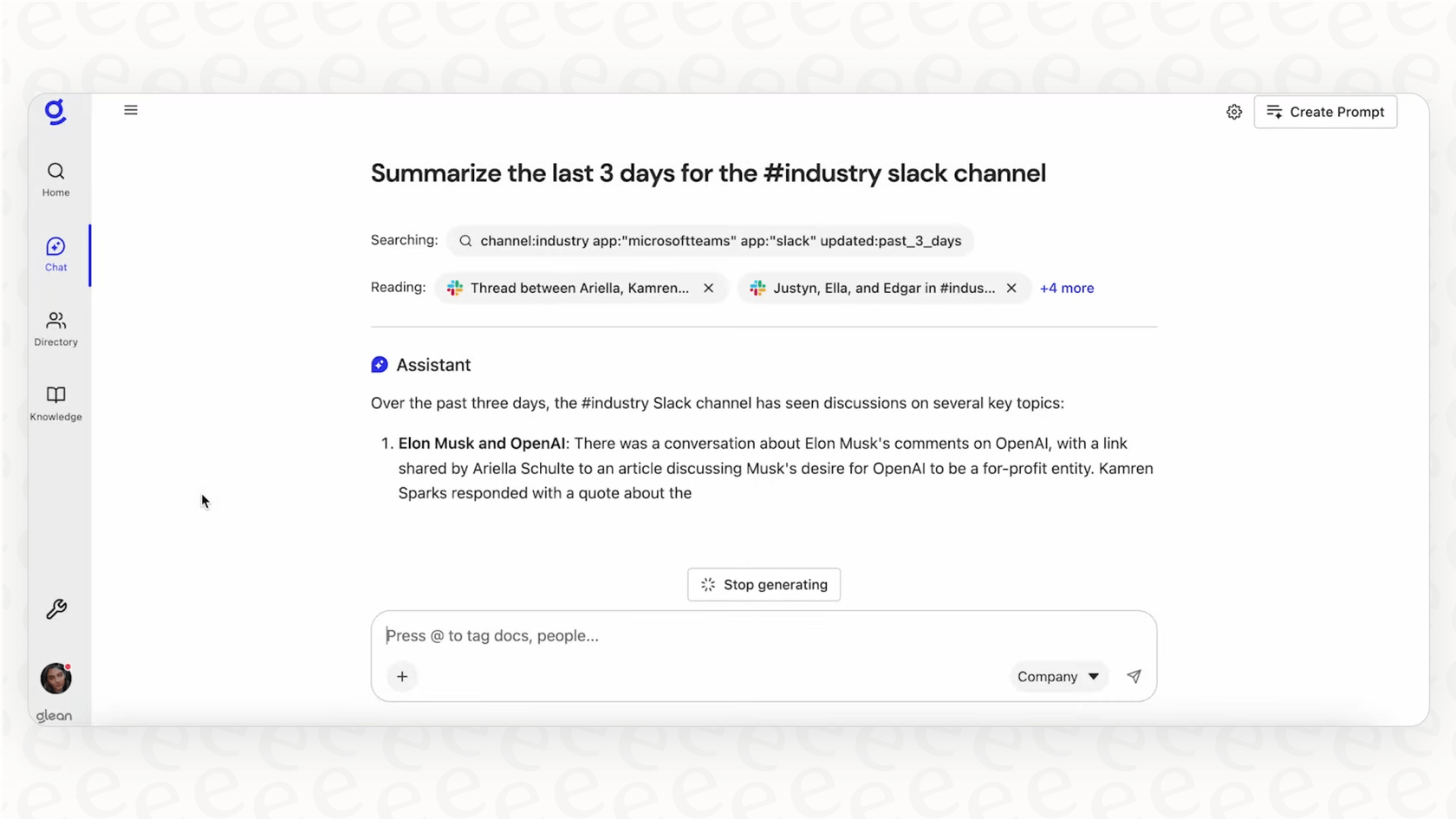 Screenshot showing the AI assistant feature in Glean summarizing a document for a user.
