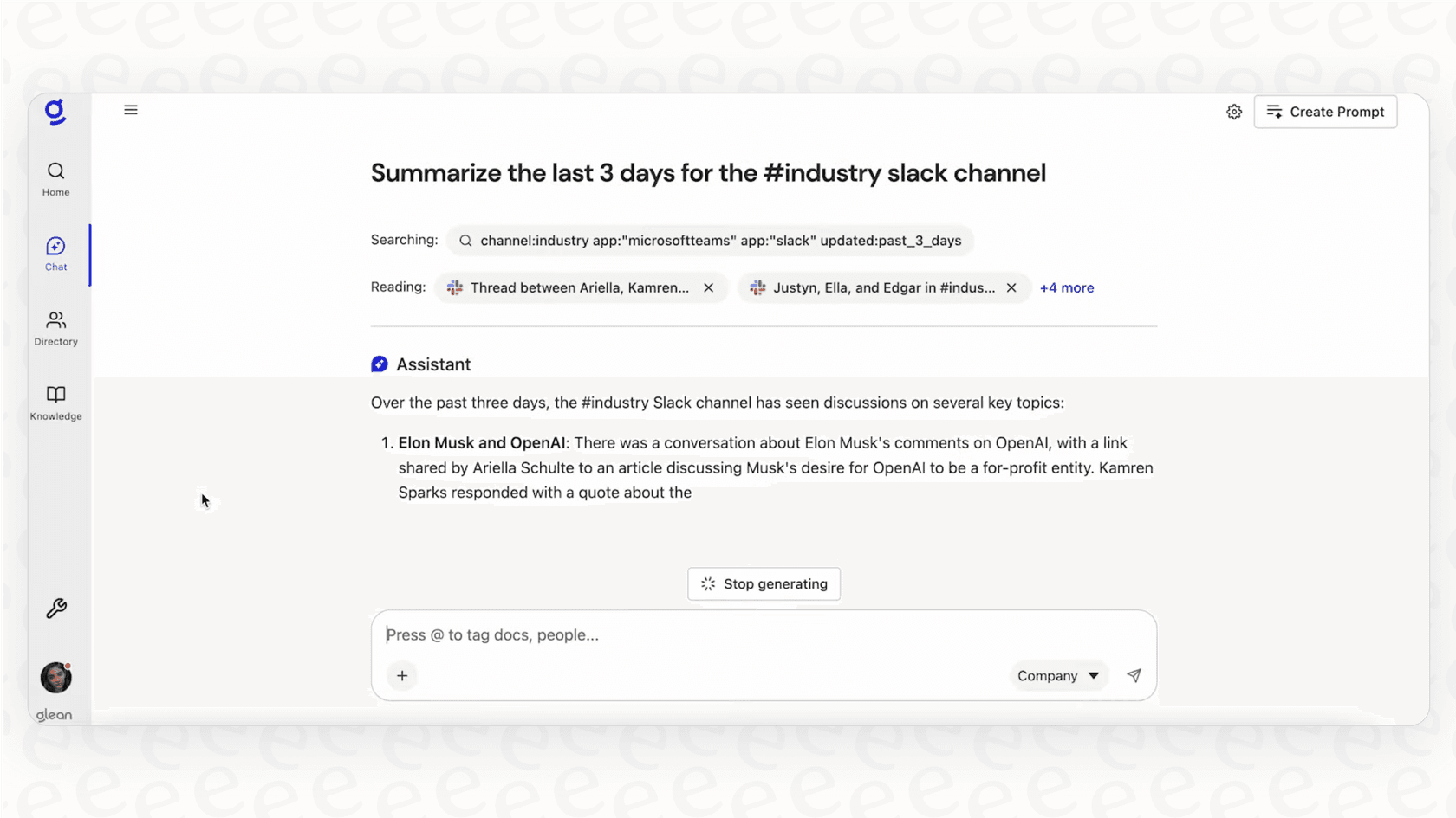 Screenshot showing the AI assistant feature in Glean summarizing a document for a user.