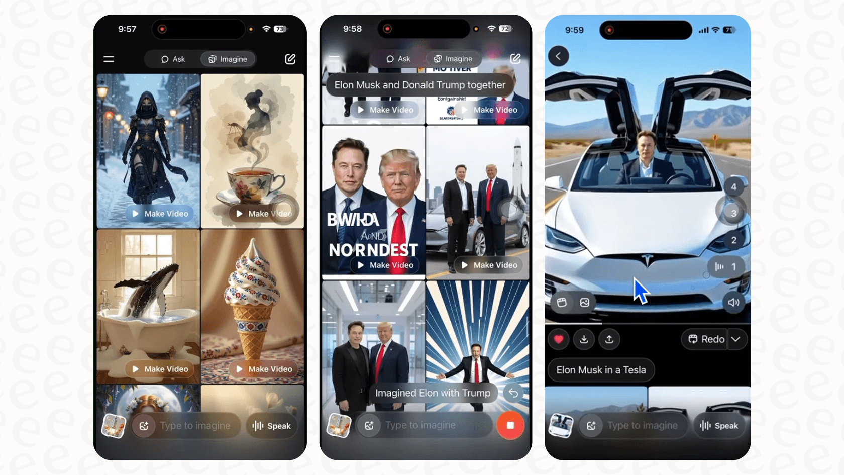 A screenshot showing the main screen of Grok Imagine, where users can input prompts to create AI videos.
