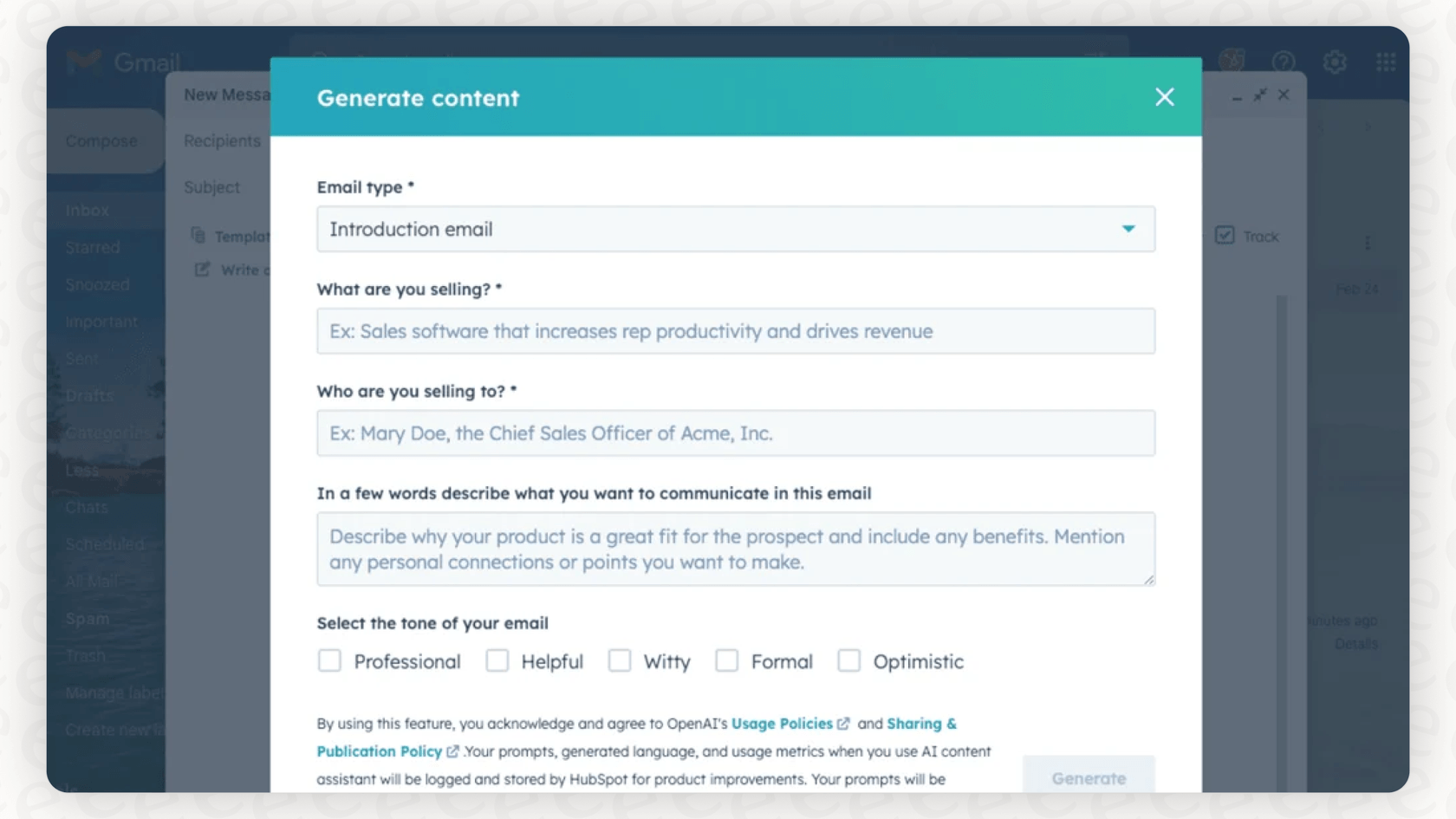 Screenshot des HubSpot KI-E-Mail-Writers in Aktion, der zeigt, wie das KI-Tool funktioniert.