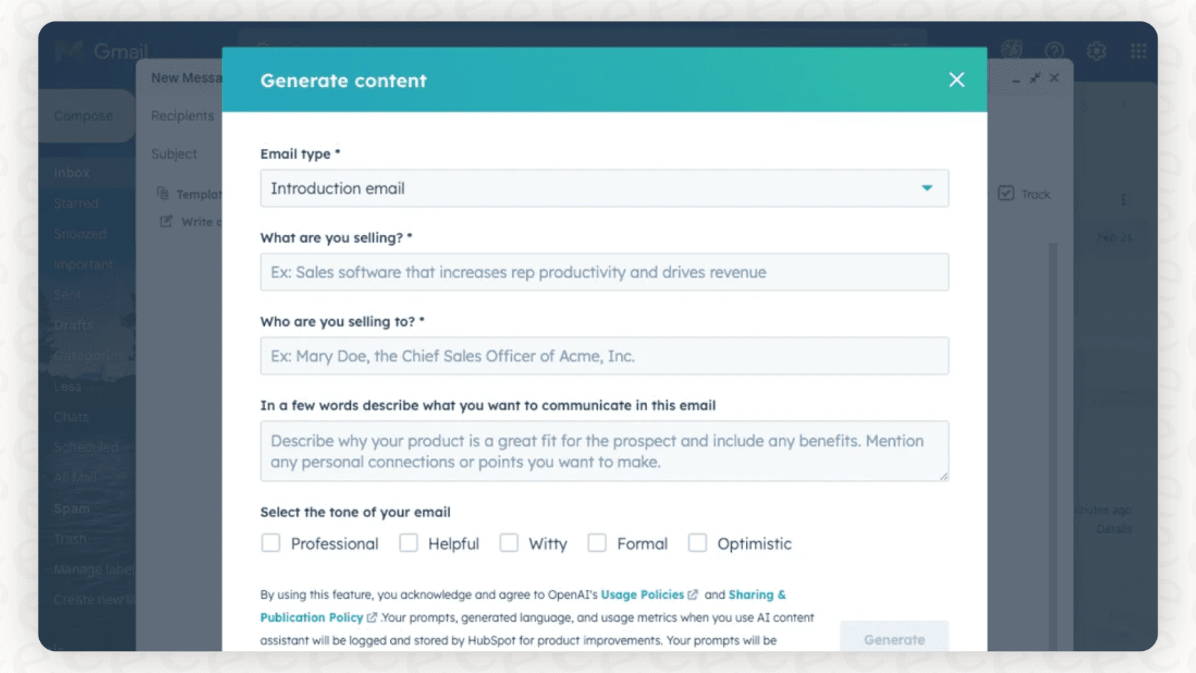 Screenshot of the HubSpot AI email writer in action, demonstrating how the AI tool works.