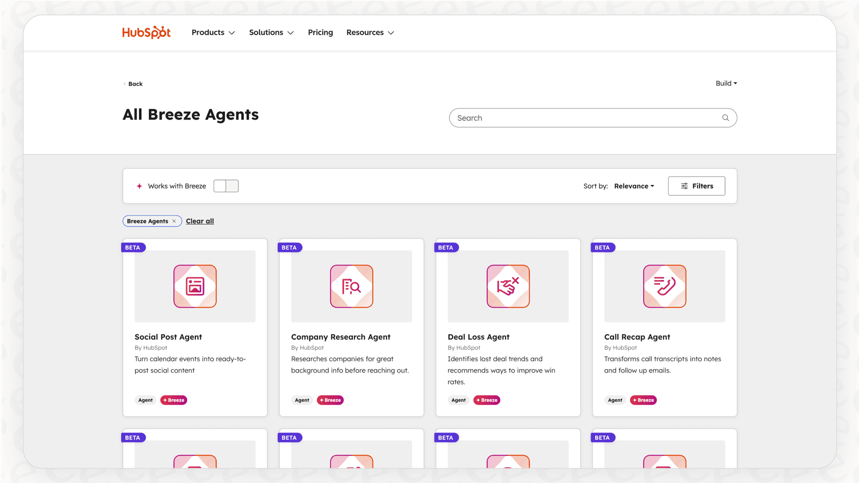 A view of the Breeze Marketplace, highlighting the variety of pre-built AI agents for different business needs.