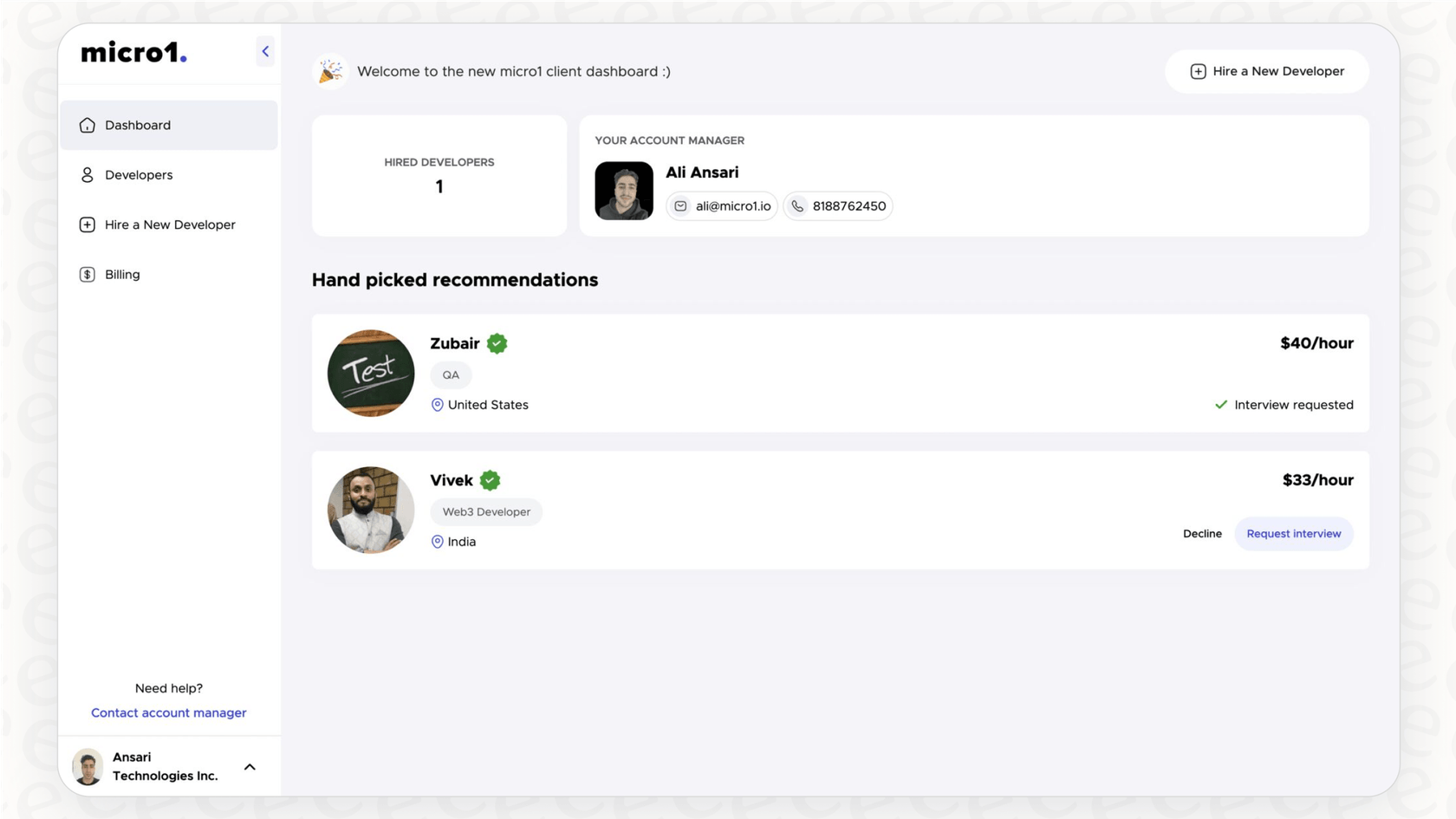 Screenshot showing Micro1’s client dashboard where users can view hired developers, contact their account manager, and browse handpicked developer recommendations with hourly rates and interview options.