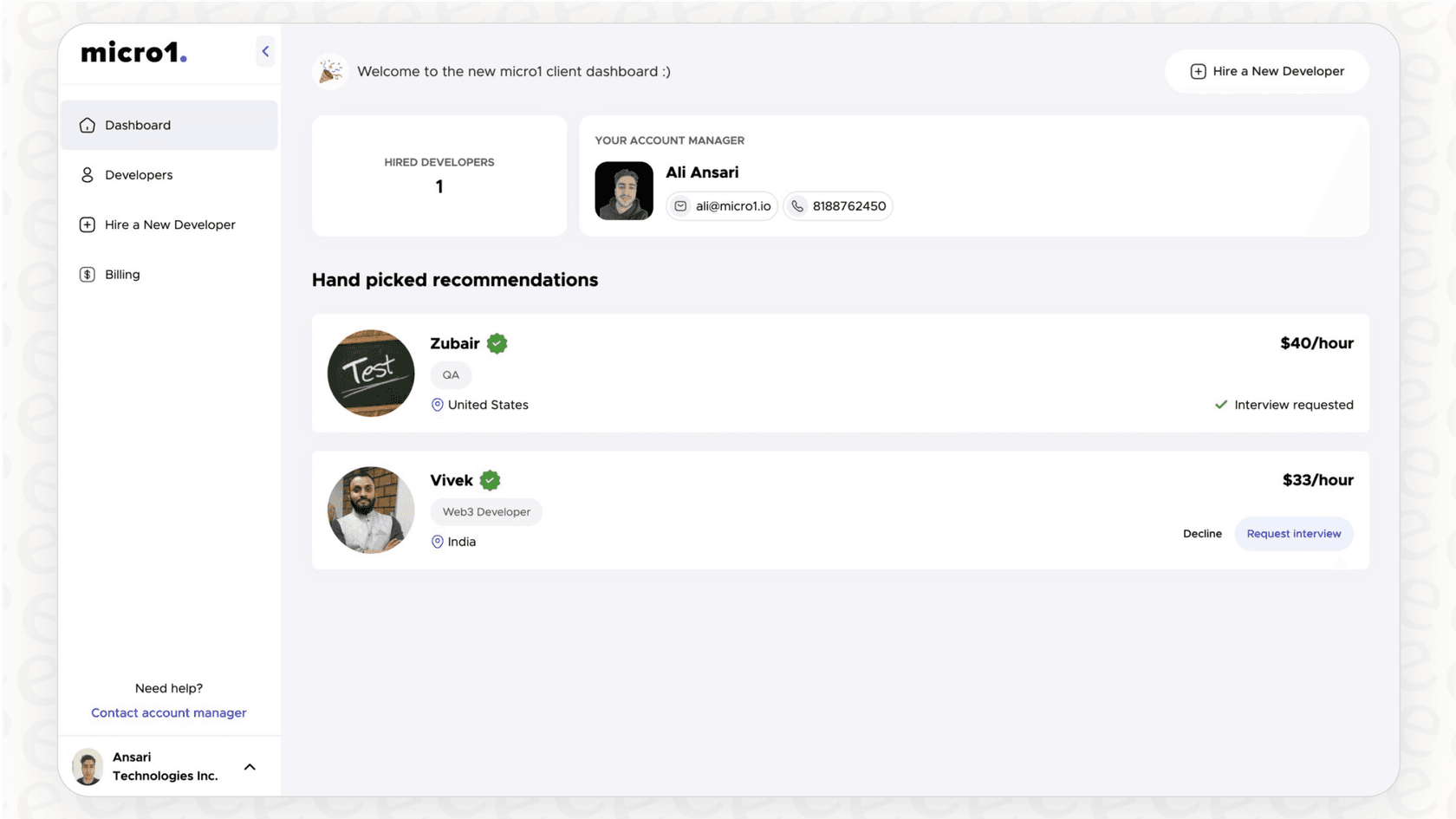 Screenshot showing Micro1’s client dashboard where users can view hired developers, contact their account manager, and browse handpicked developer recommendations with hourly rates and interview options.