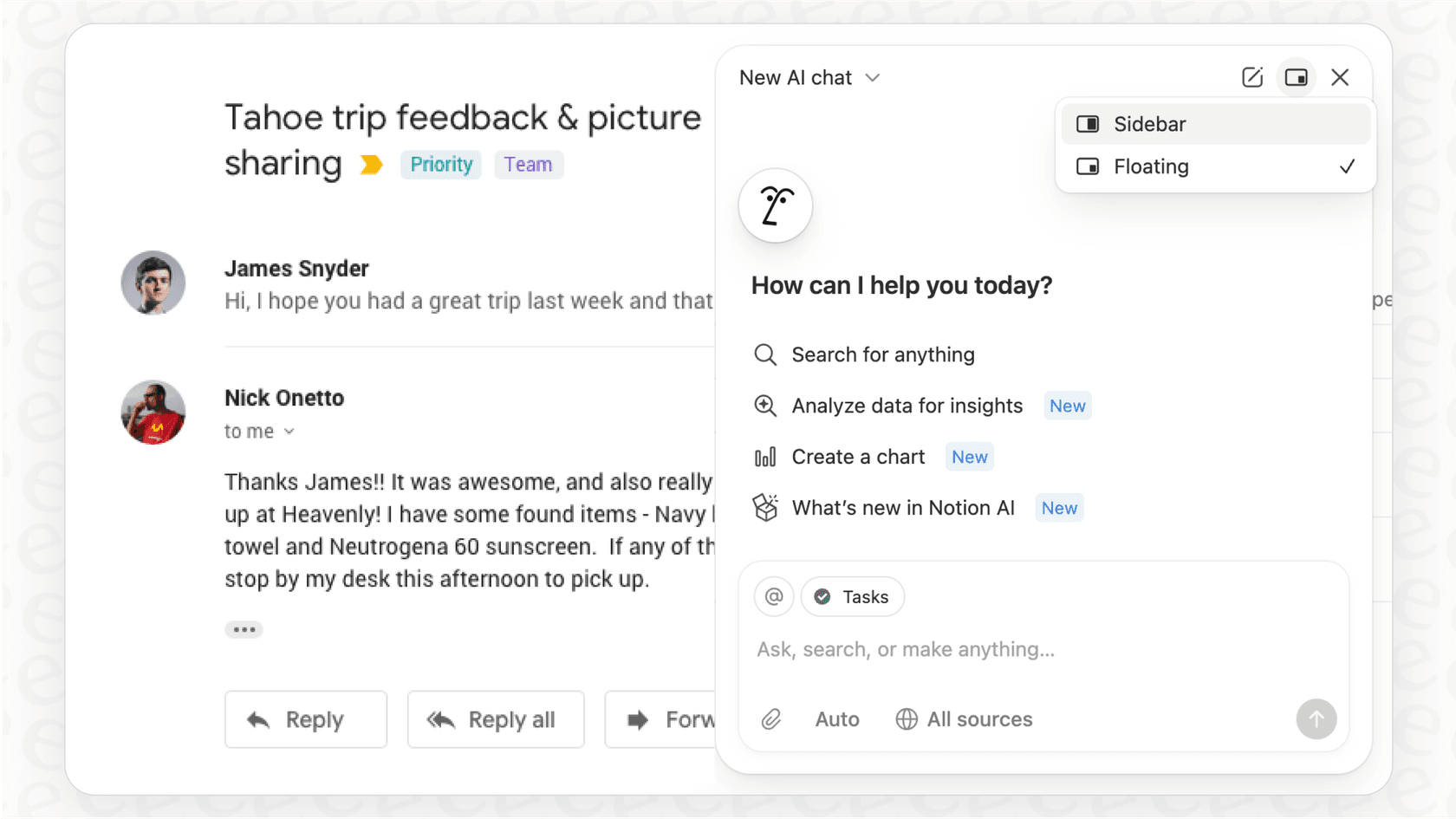 A user asking the Notion AI a question to find information within an email thread, demonstrating the Notion AI connector for Gmail.