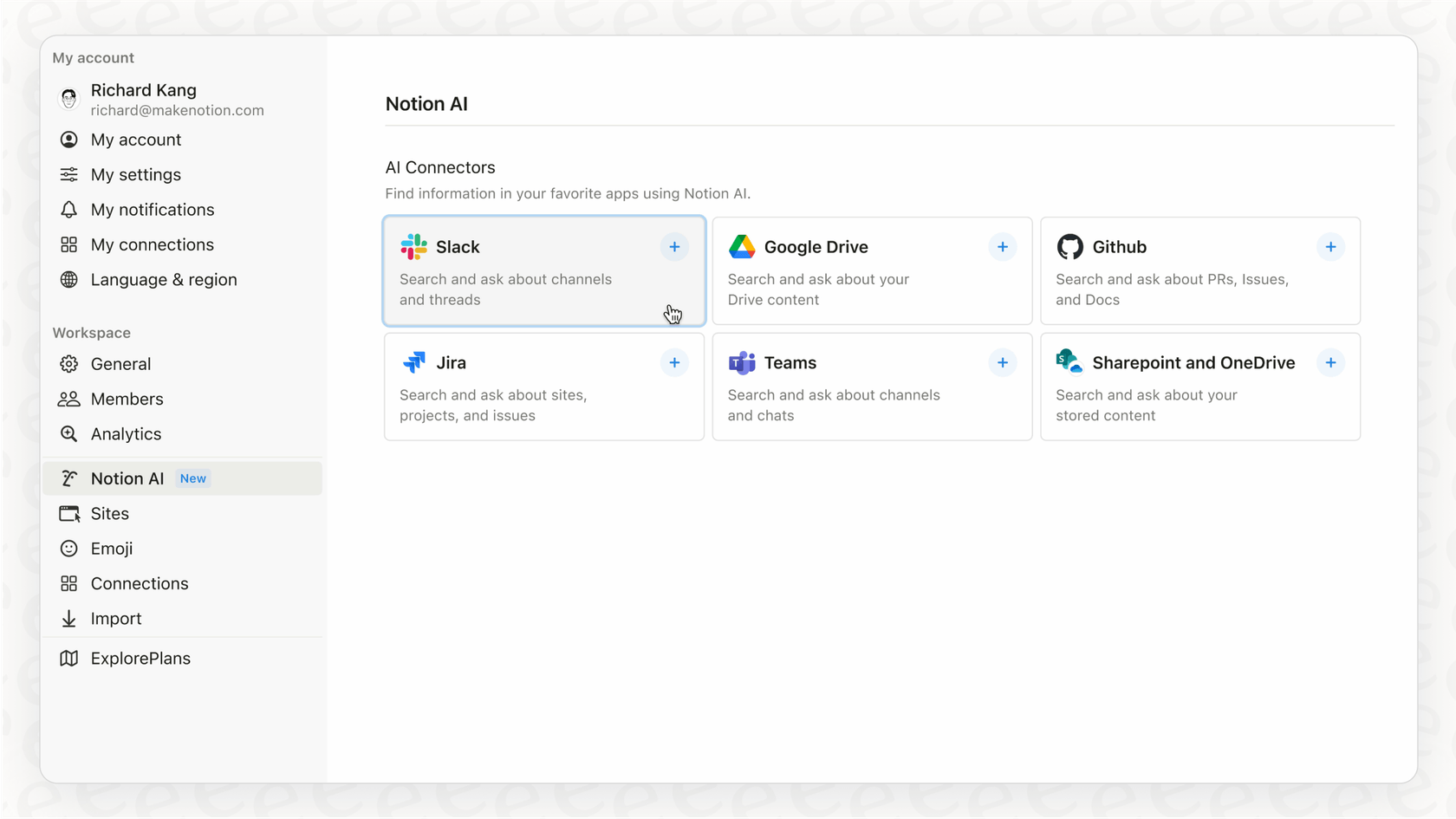 A view of the Notion interface highlighting the Notion AI connector for Slack, where users can query their Slack data.