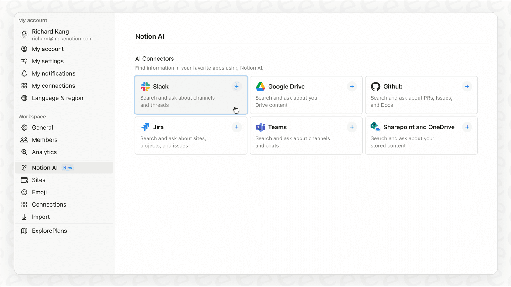A view of the Notion interface highlighting the Notion AI connector for Slack, where users can query their Slack data.