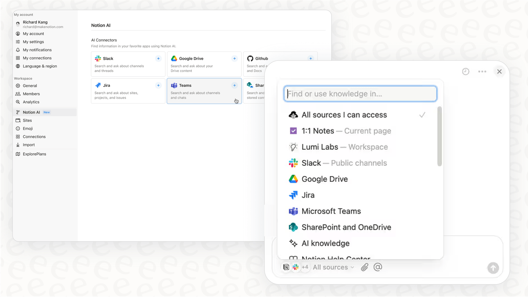 A user queries the Notion AI connector for Microsoft Teams to find project updates from chats.