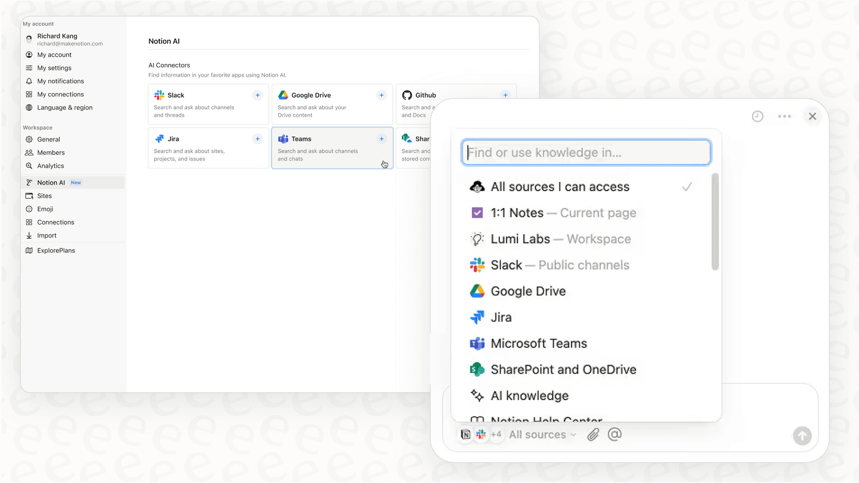 A user queries the Notion AI connector for Microsoft Teams to find project updates from chats.
