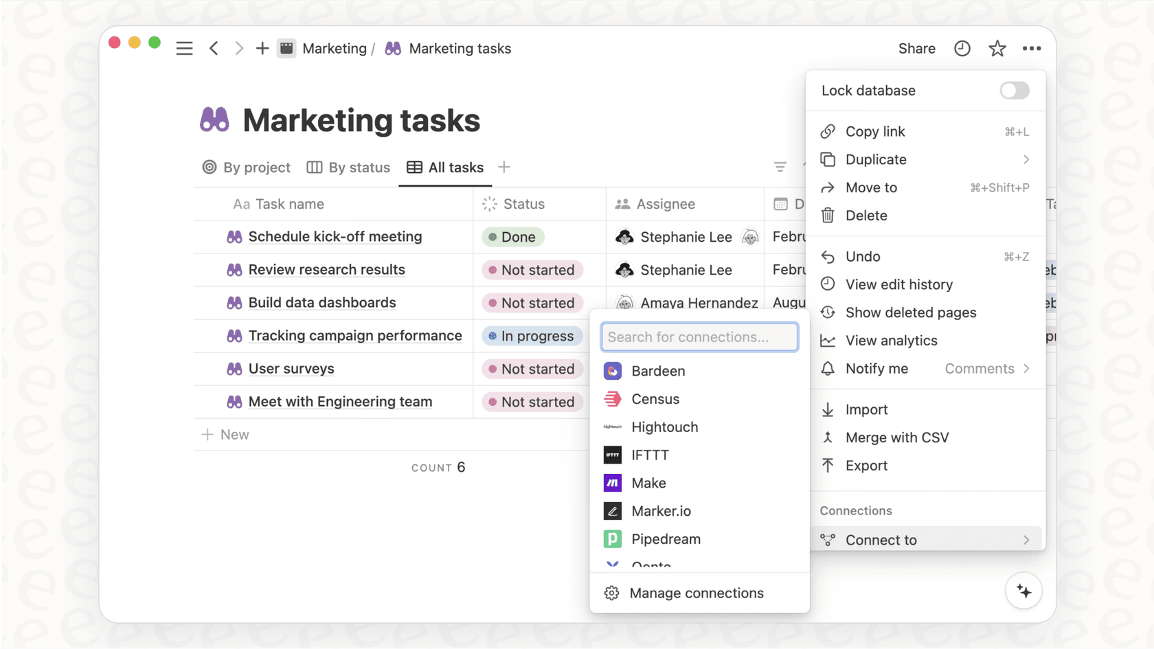 Screenshot of the Notion interface with the connections window open.