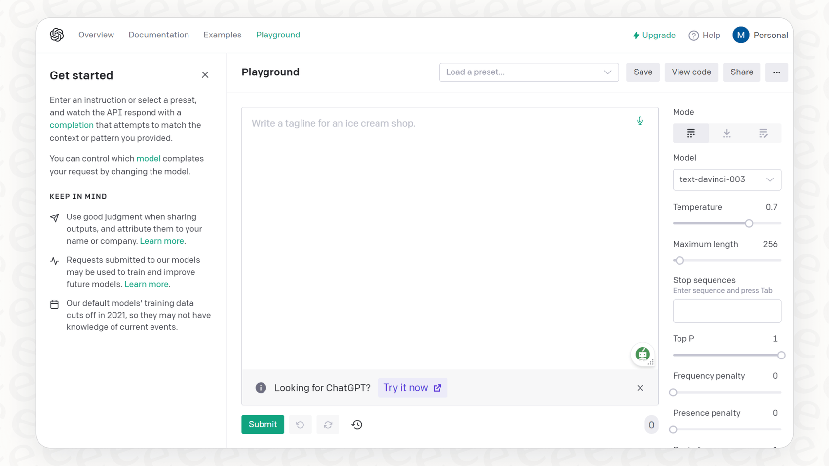 Uma vista do OpenAI Playground, onde modelos como o Codex foram desenvolvidos e testados, ilustrando as primeiras integrações do OpenAI Codex com o Jupyter.::