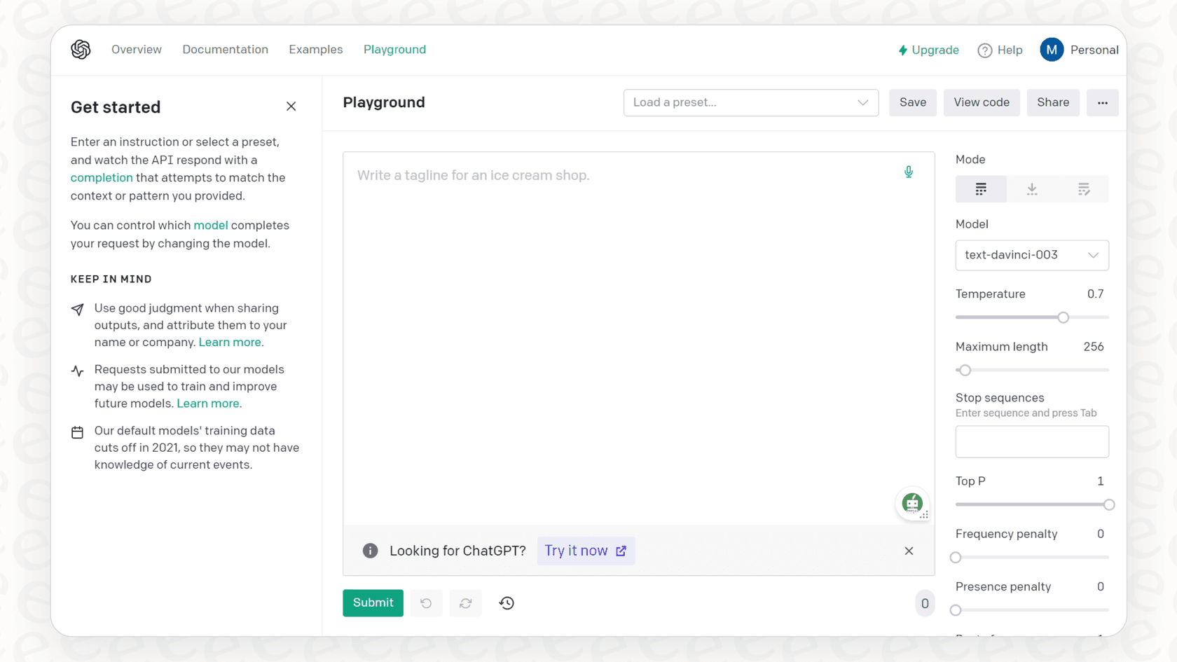 The user interface of the OpenAI Playground, showing where to input prompts and adjust settings.