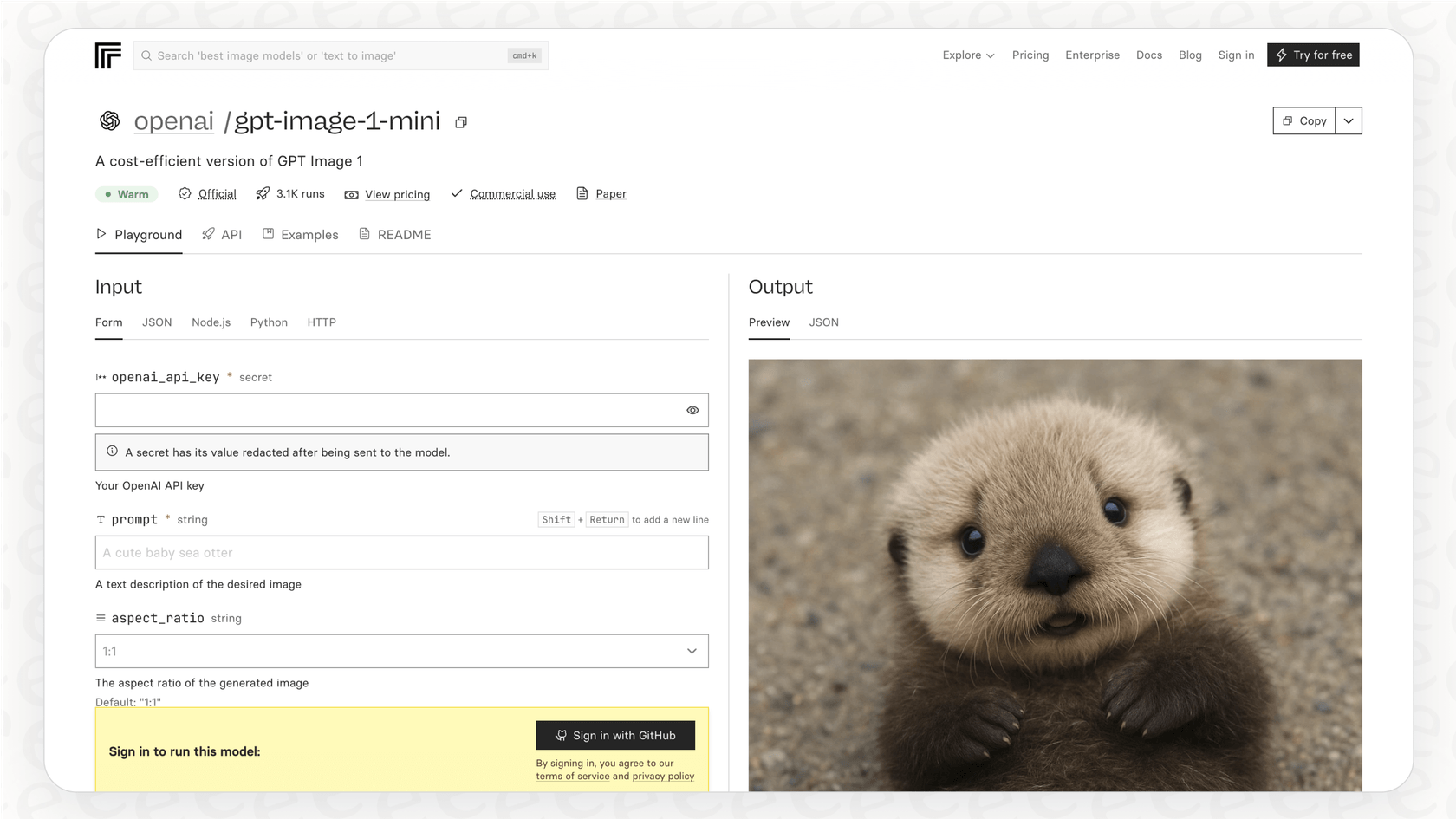 Screenshot of the GPT Image 1 Mini model page on the ReplicateAI platform, showing a prompt input field with the text “a cute baby sea otter” and the generated photo of a baby otter as the output.