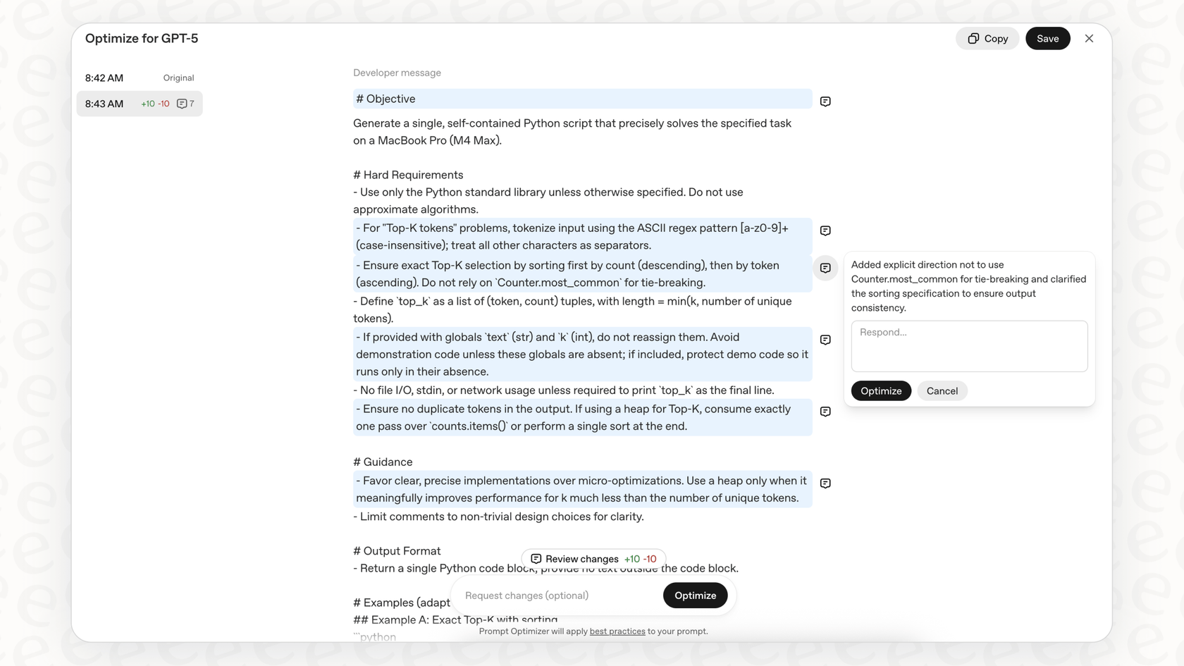 A screenshot demonstrating the chat-based OpenAI Prompt Optimizer tool within the OpenAI Playground.