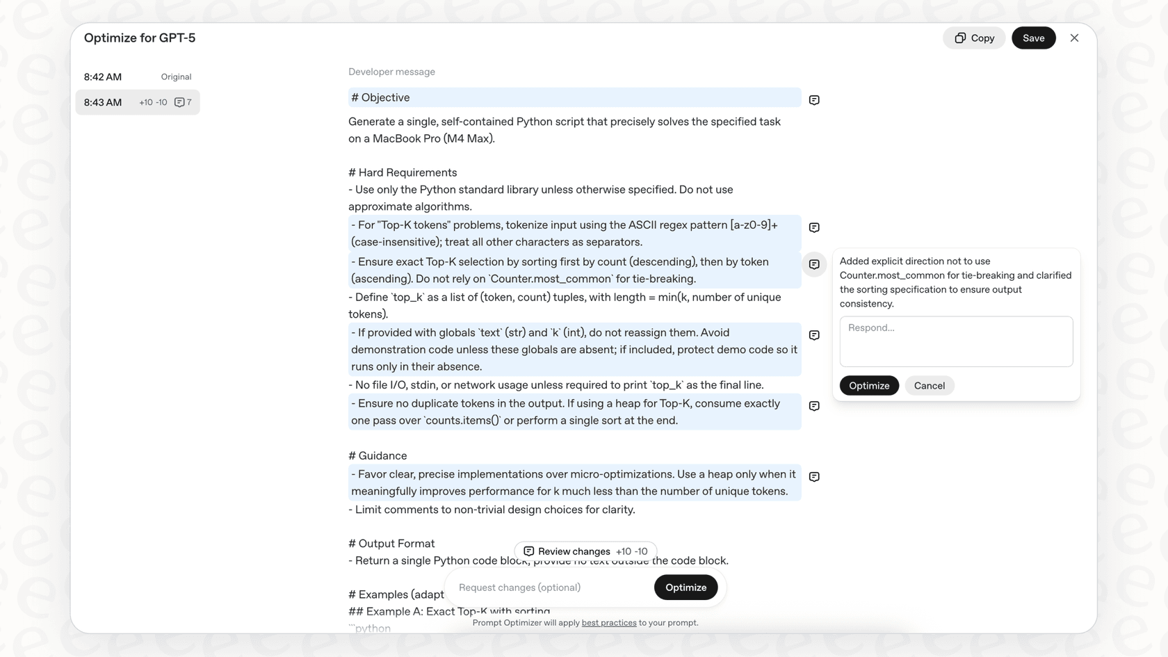 A screenshot demonstrating the chat-based OpenAI Prompt Optimizer tool within the OpenAI Playground.